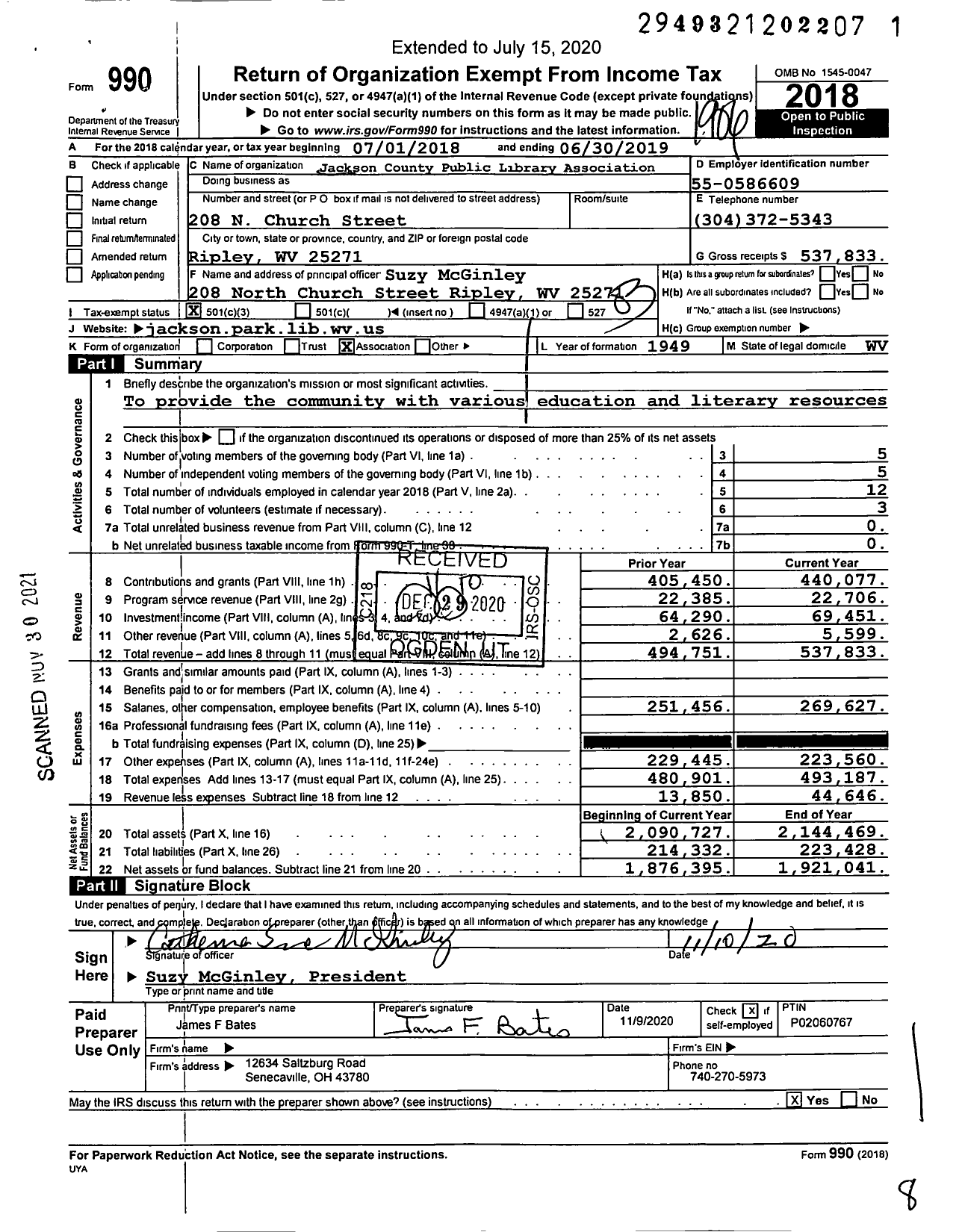 Image of first page of 2018 Form 990 for Jackson County Public Library Association