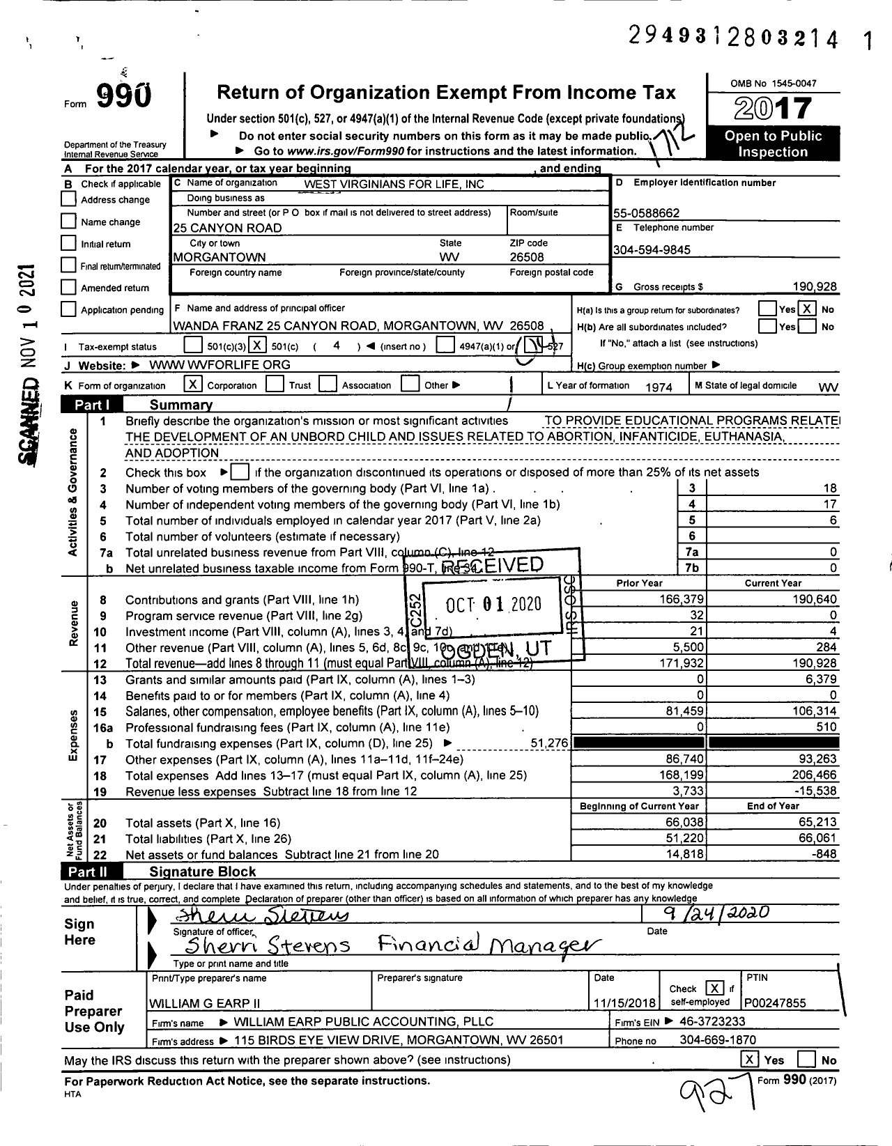 Image of first page of 2017 Form 990O for West Virginians for Life