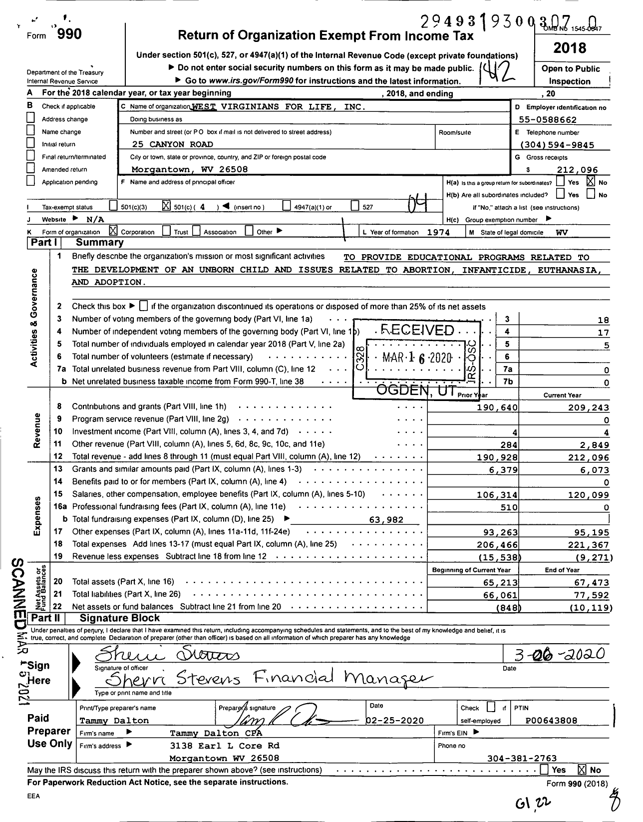 Image of first page of 2018 Form 990O for West Virginians for Life