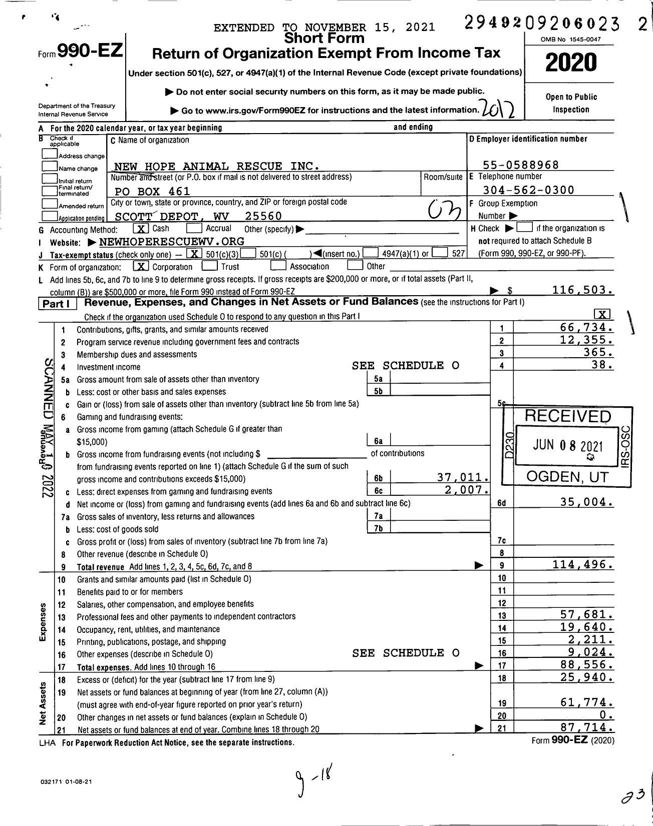 Image of first page of 2020 Form 990EZ for New Hope Animal Rescue