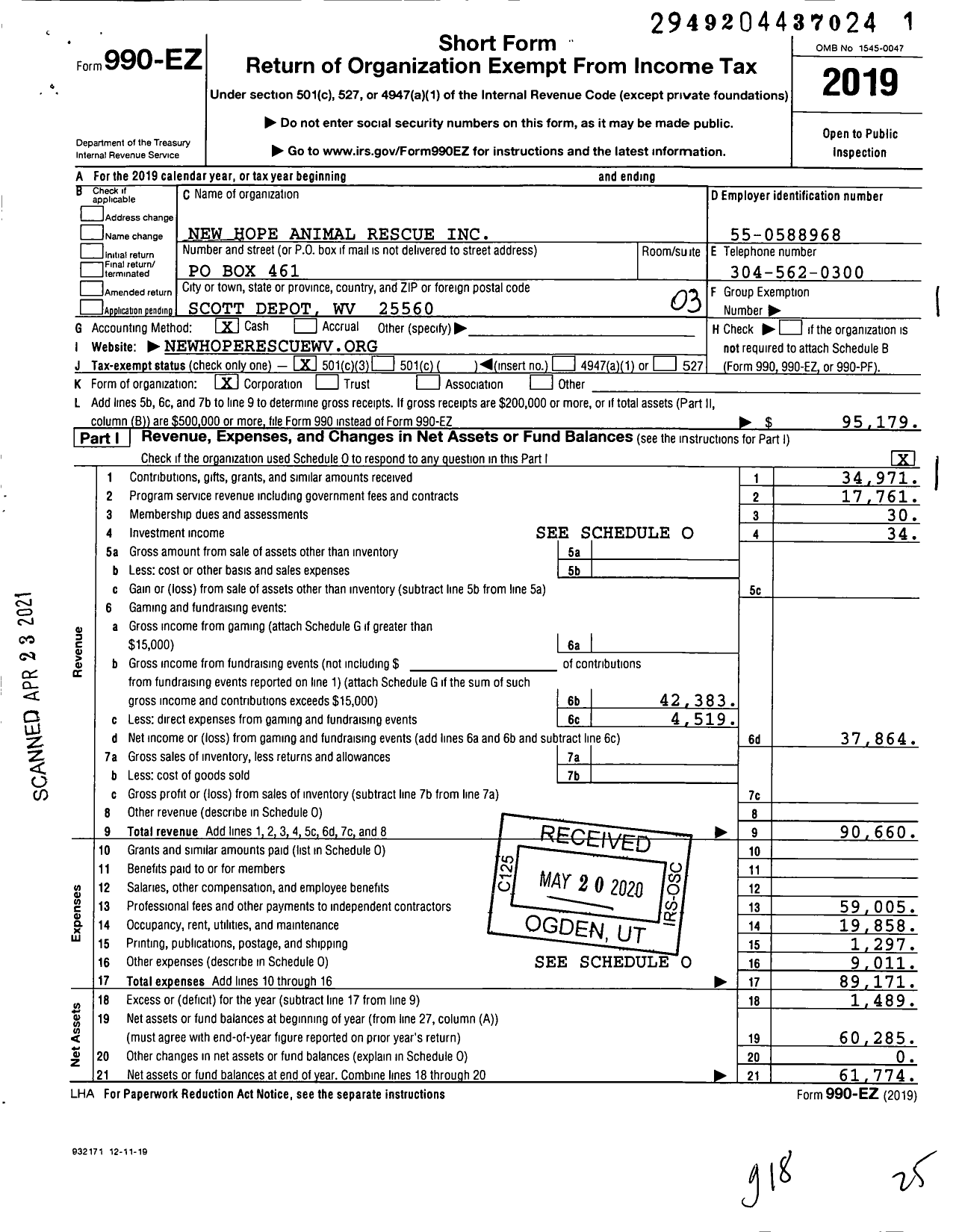 Image of first page of 2019 Form 990EZ for New Hope Animal Rescue