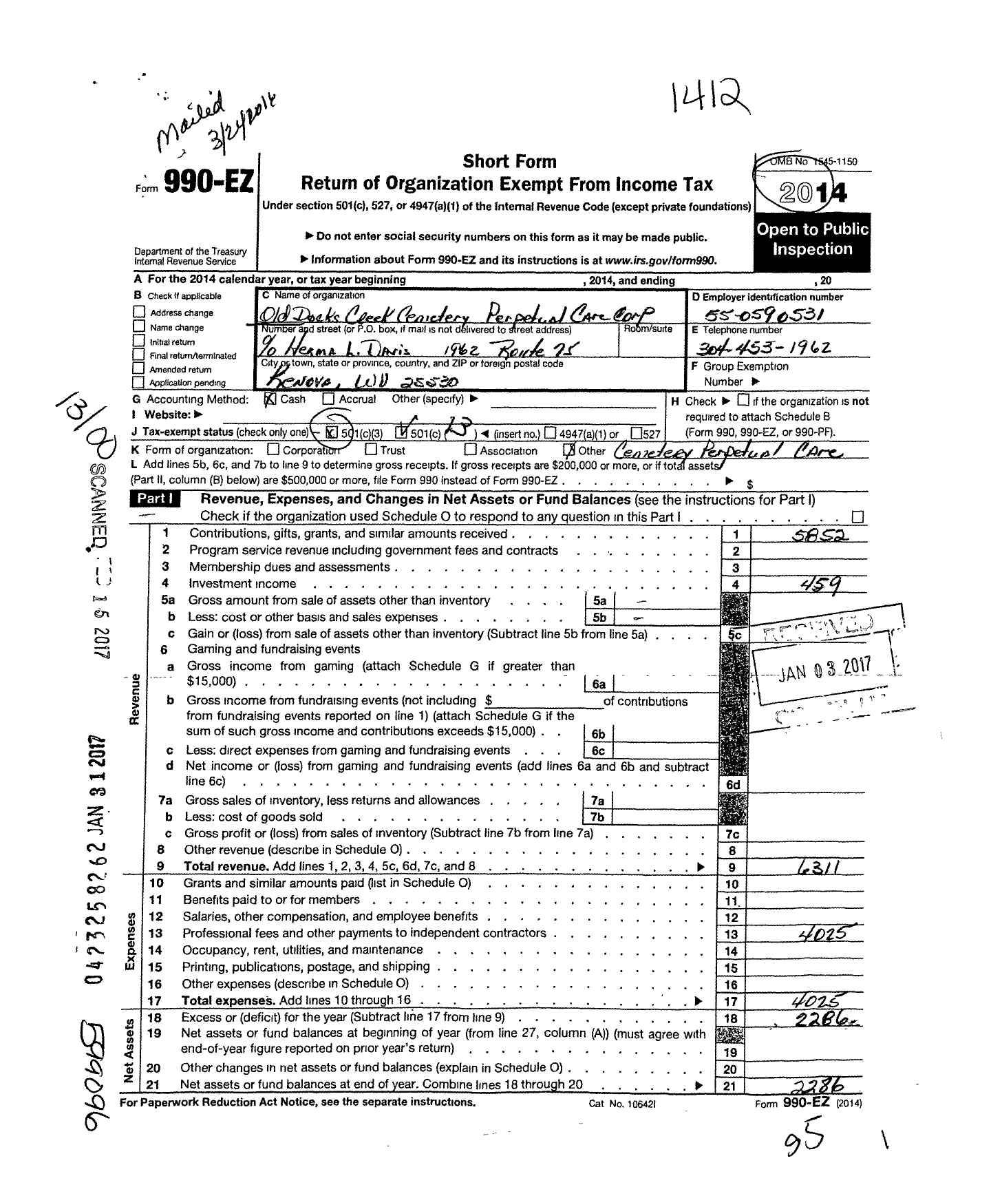 Image of first page of 2014 Form 990EO for Old Docks Creek Cemetery Perpetual Care Corporation
