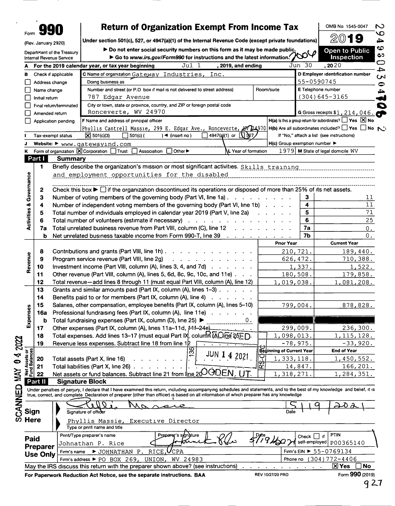 Image of first page of 2019 Form 990 for Gateway Industries