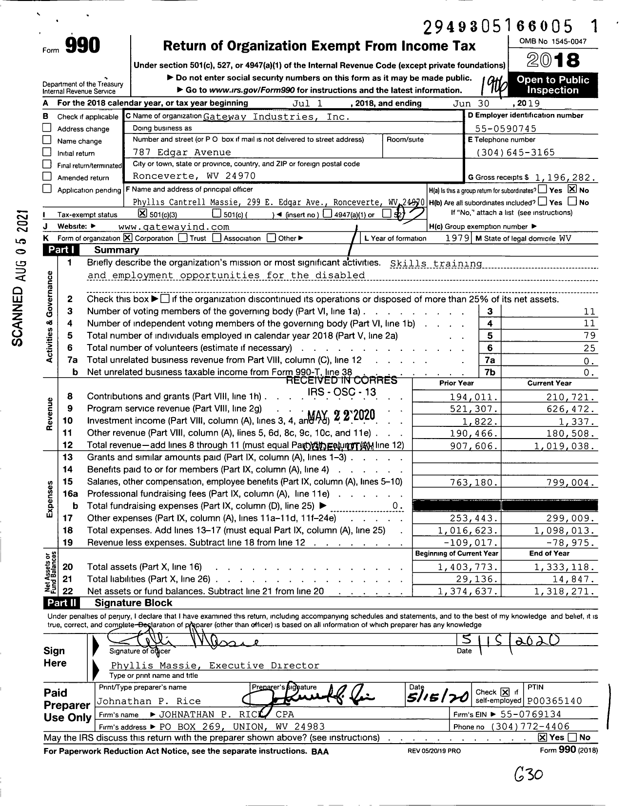 Image of first page of 2018 Form 990 for Gateway Industries