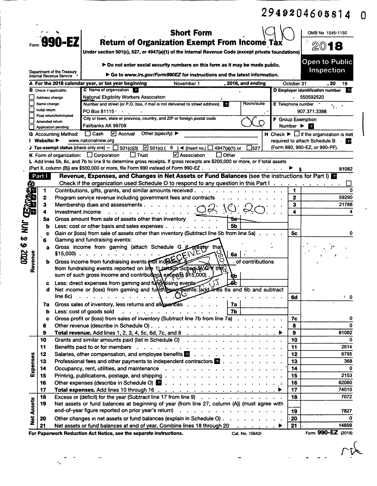 Image of first page of 2018 Form 990EO for National Eligibility Workers Association