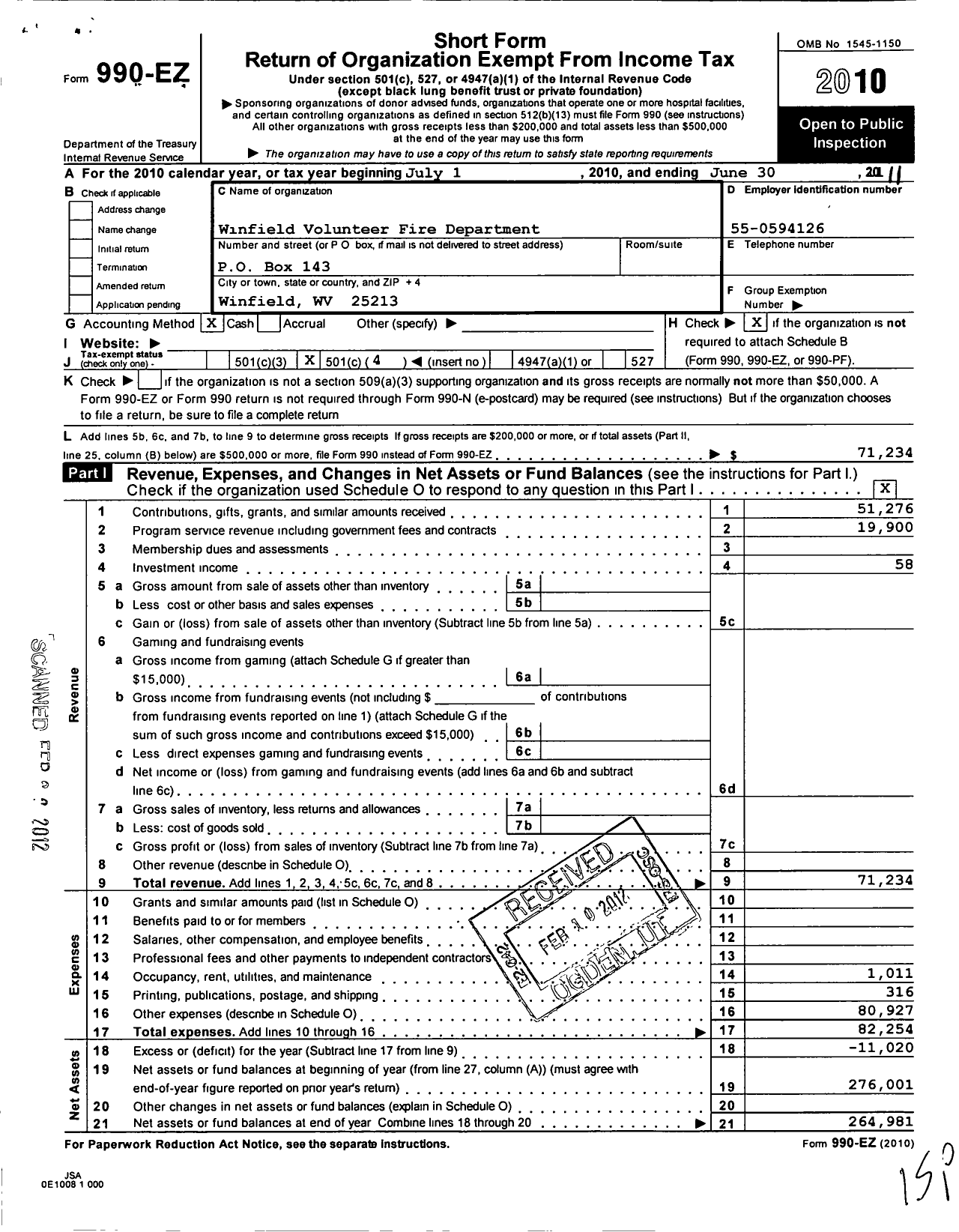 Image of first page of 2010 Form 990EO for Winfield Volunteer Fire Department