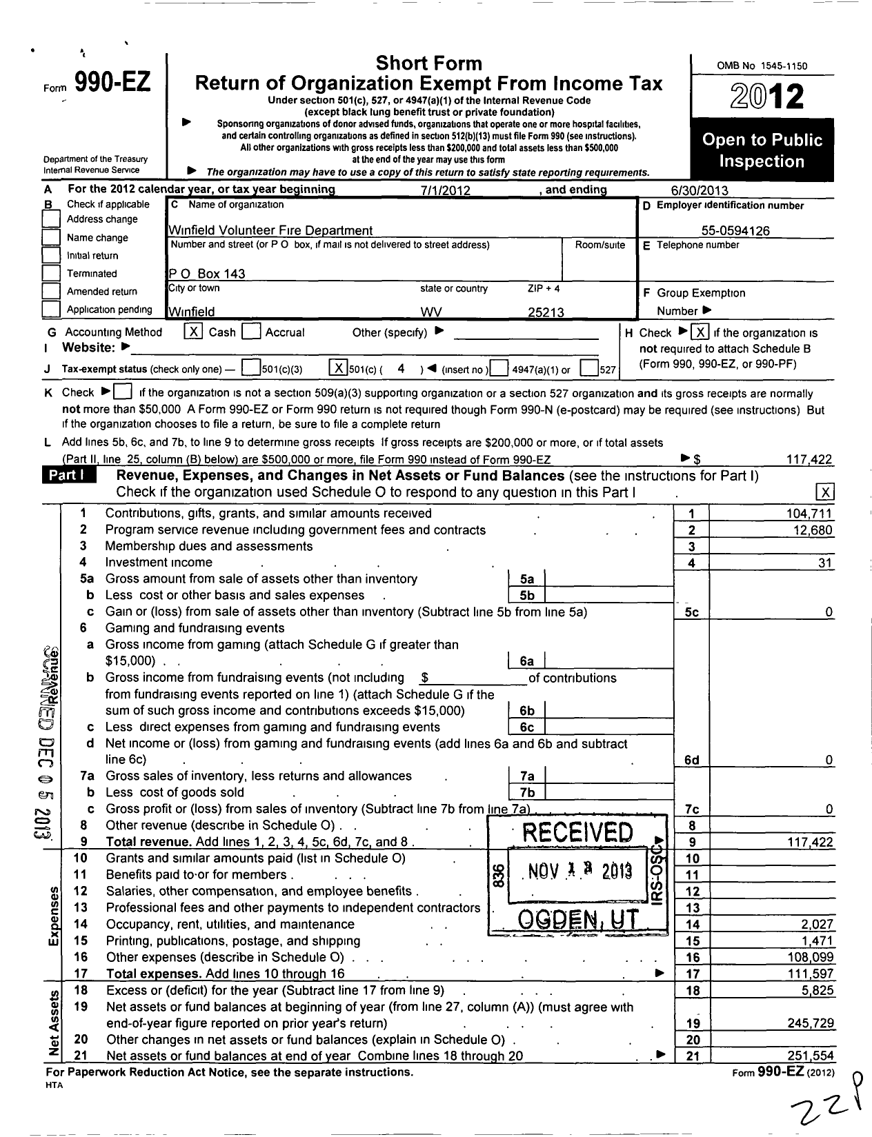 Image of first page of 2012 Form 990EO for Winfield Volunteer Fire Department