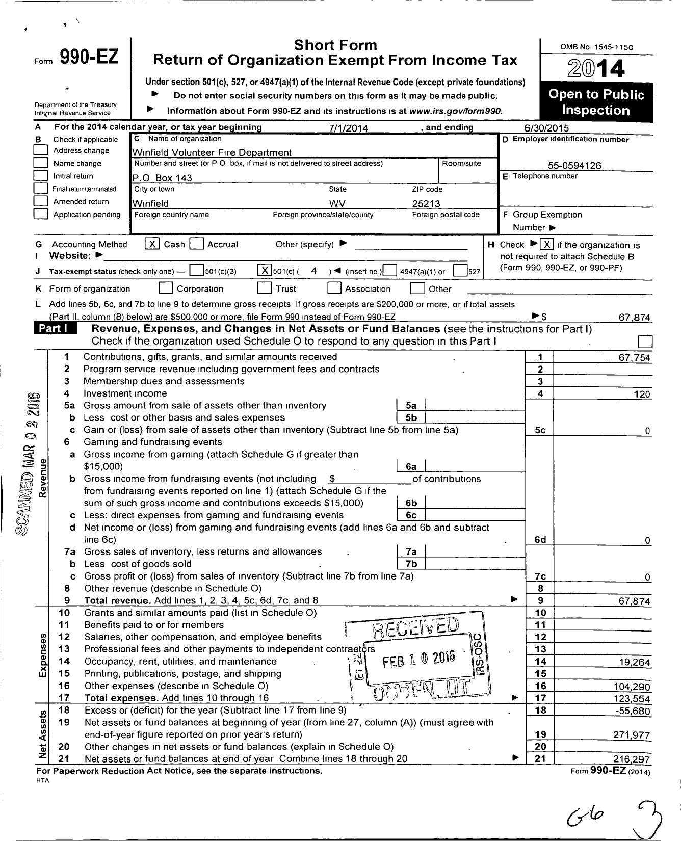 Image of first page of 2014 Form 990EO for Winfield Volunteer Fire Department