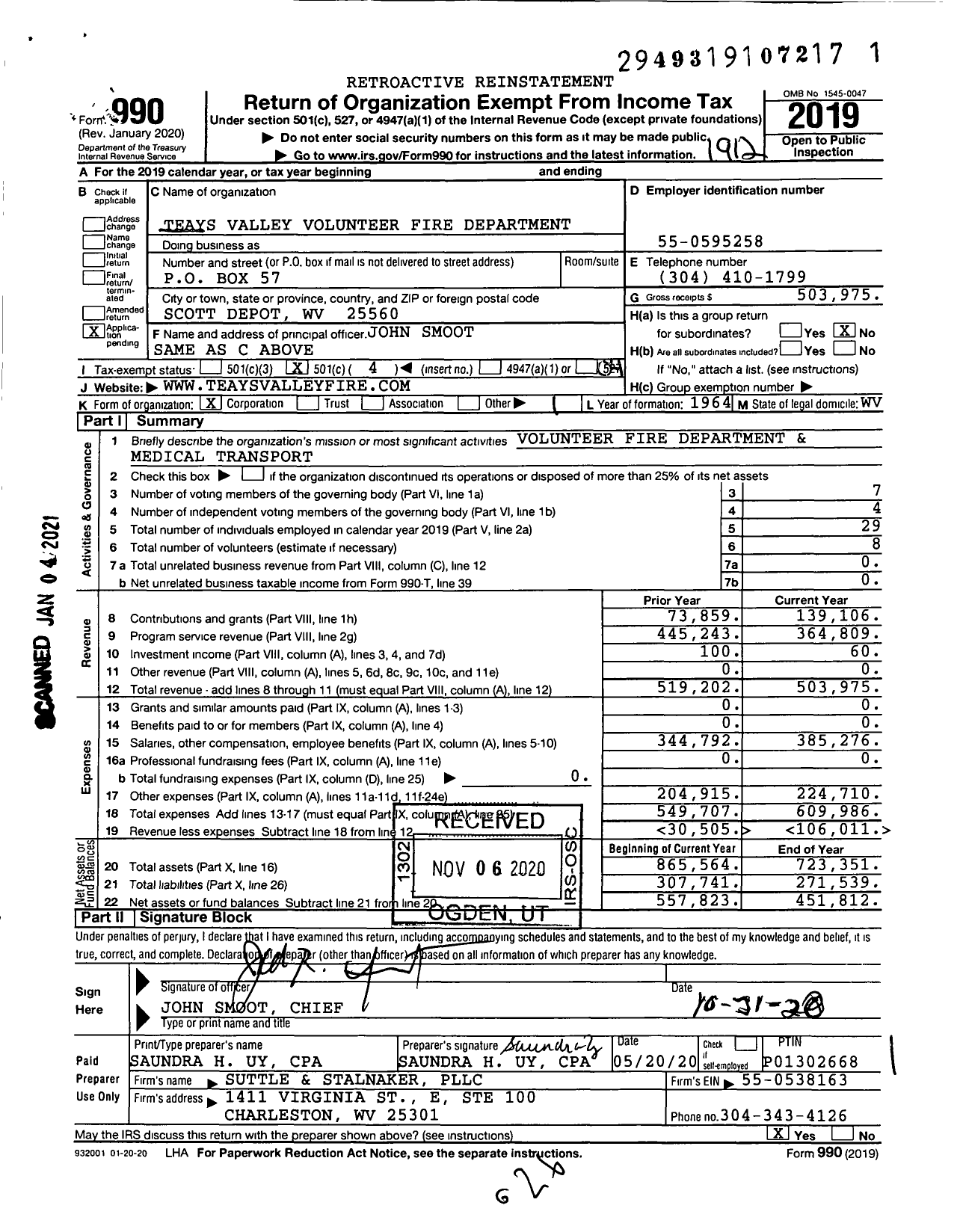 Image of first page of 2019 Form 990O for Teays Valley Volunteer Fire Department