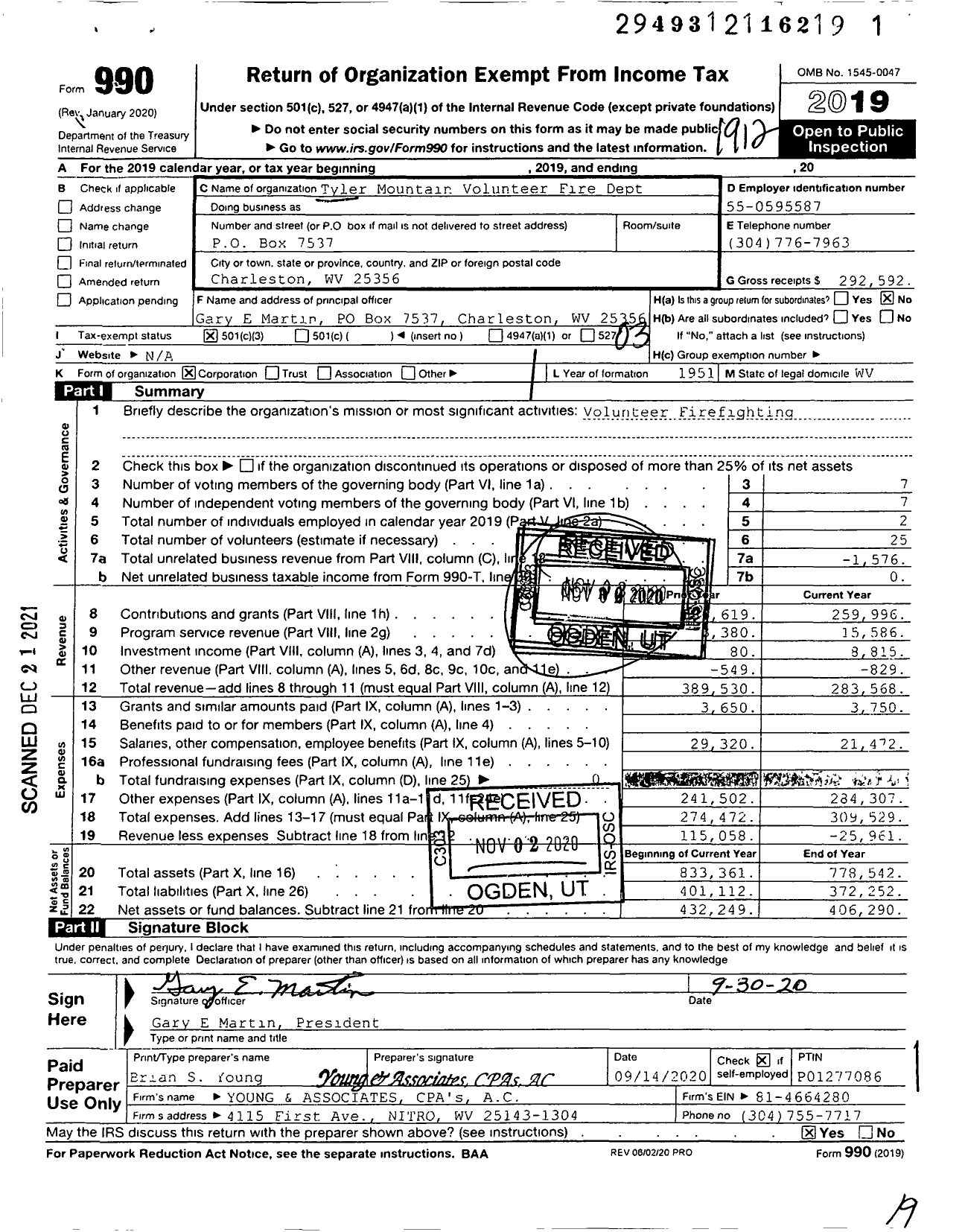 Image of first page of 2019 Form 990 for Tyler Mountain Volunteer Fire Department