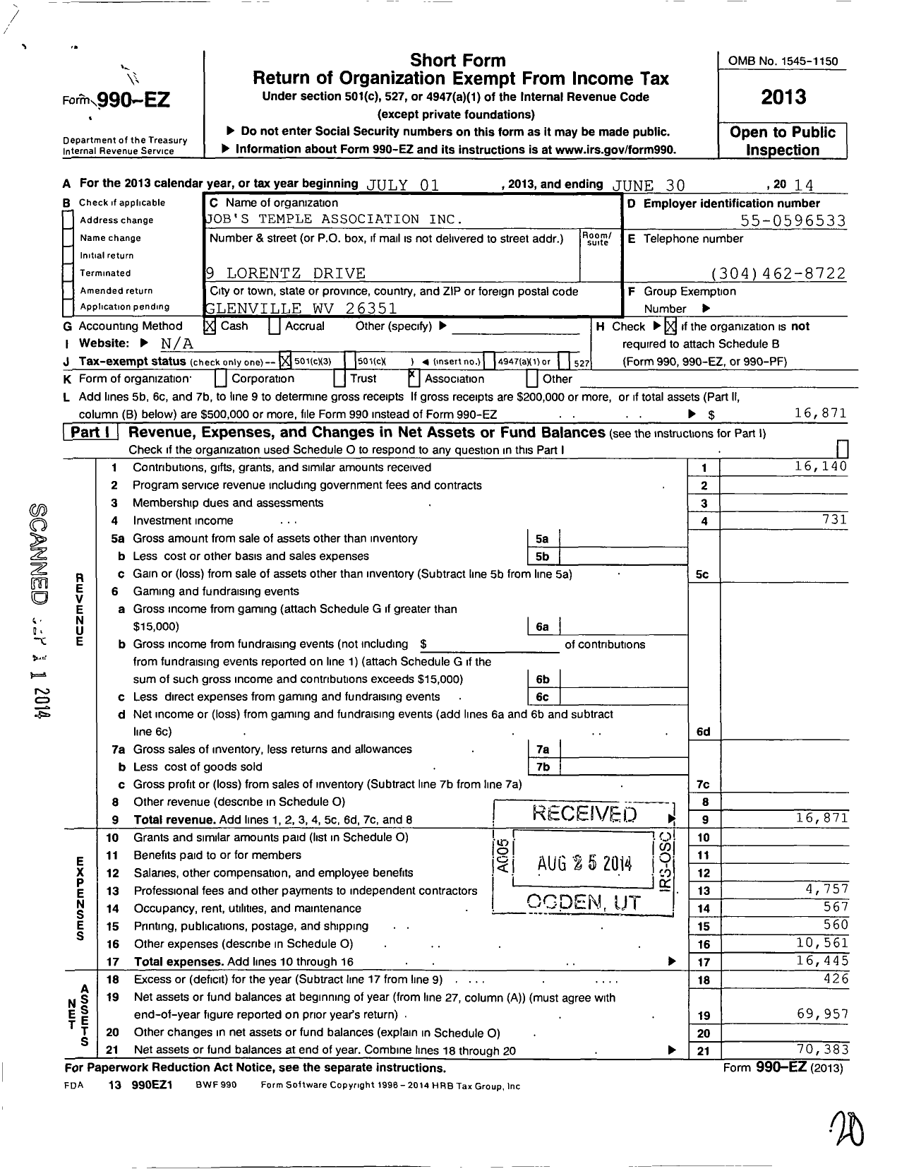 Image of first page of 2013 Form 990EZ for Jobs Temple Association