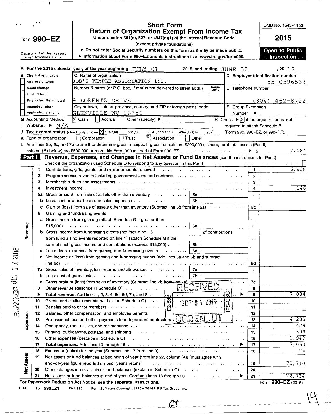 Image of first page of 2015 Form 990EZ for Jobs Temple Association