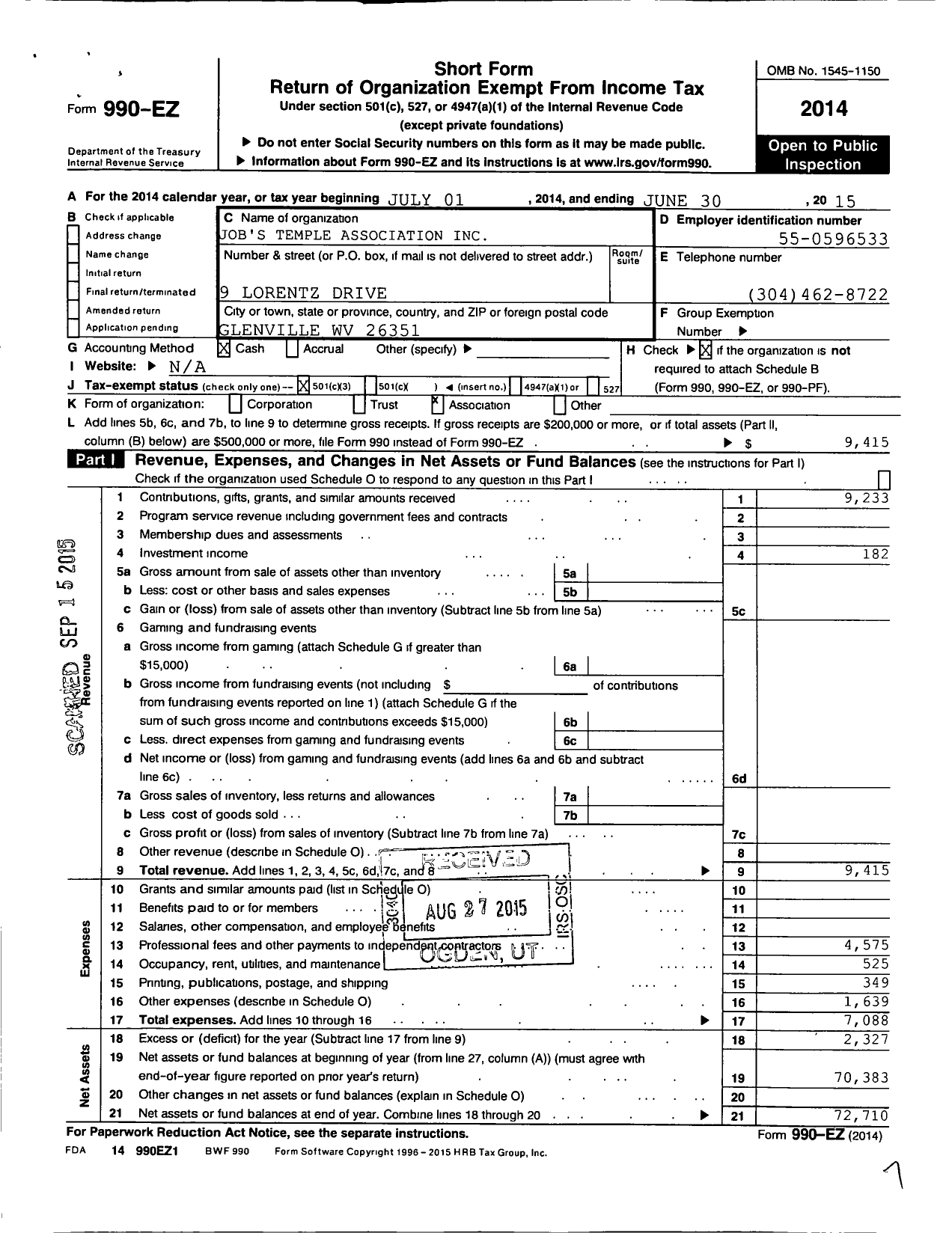 Image of first page of 2014 Form 990EZ for Jobs Temple Association