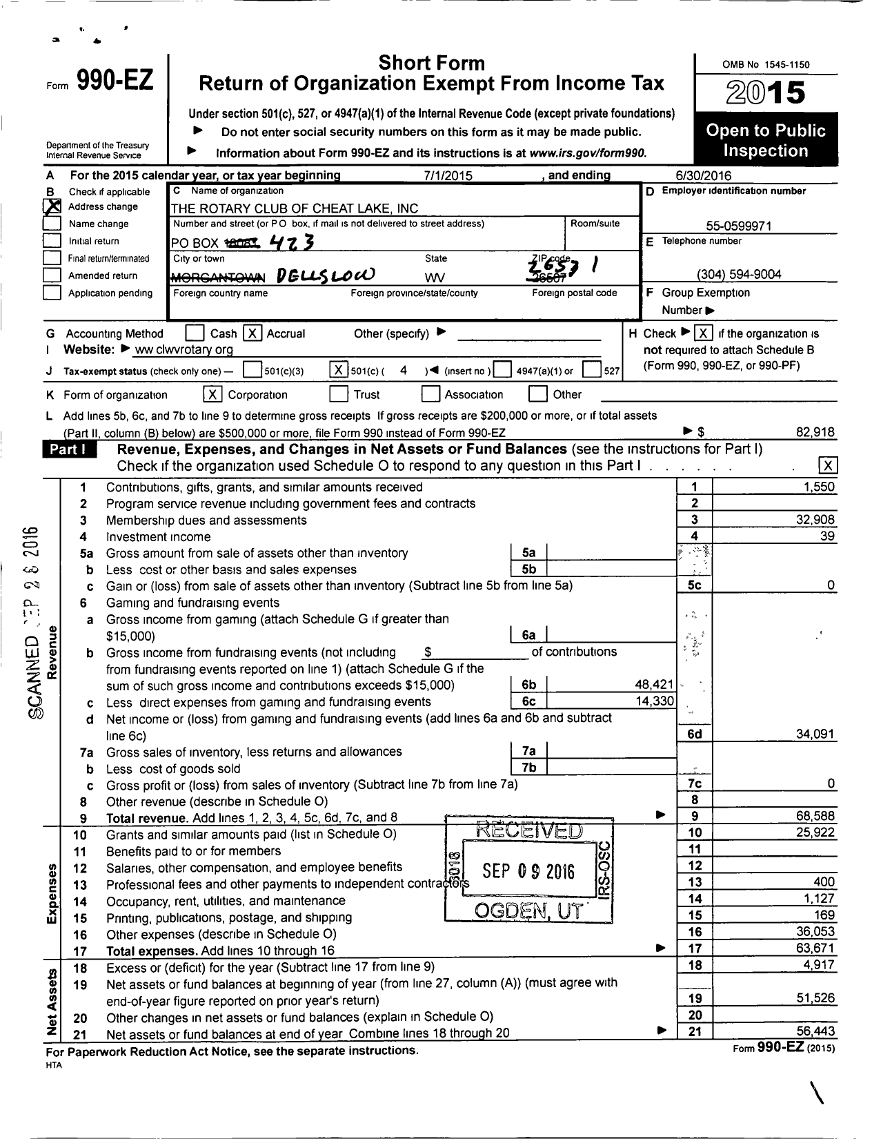 Image of first page of 2015 Form 990EO for The Rotary Club of Cheat Lake