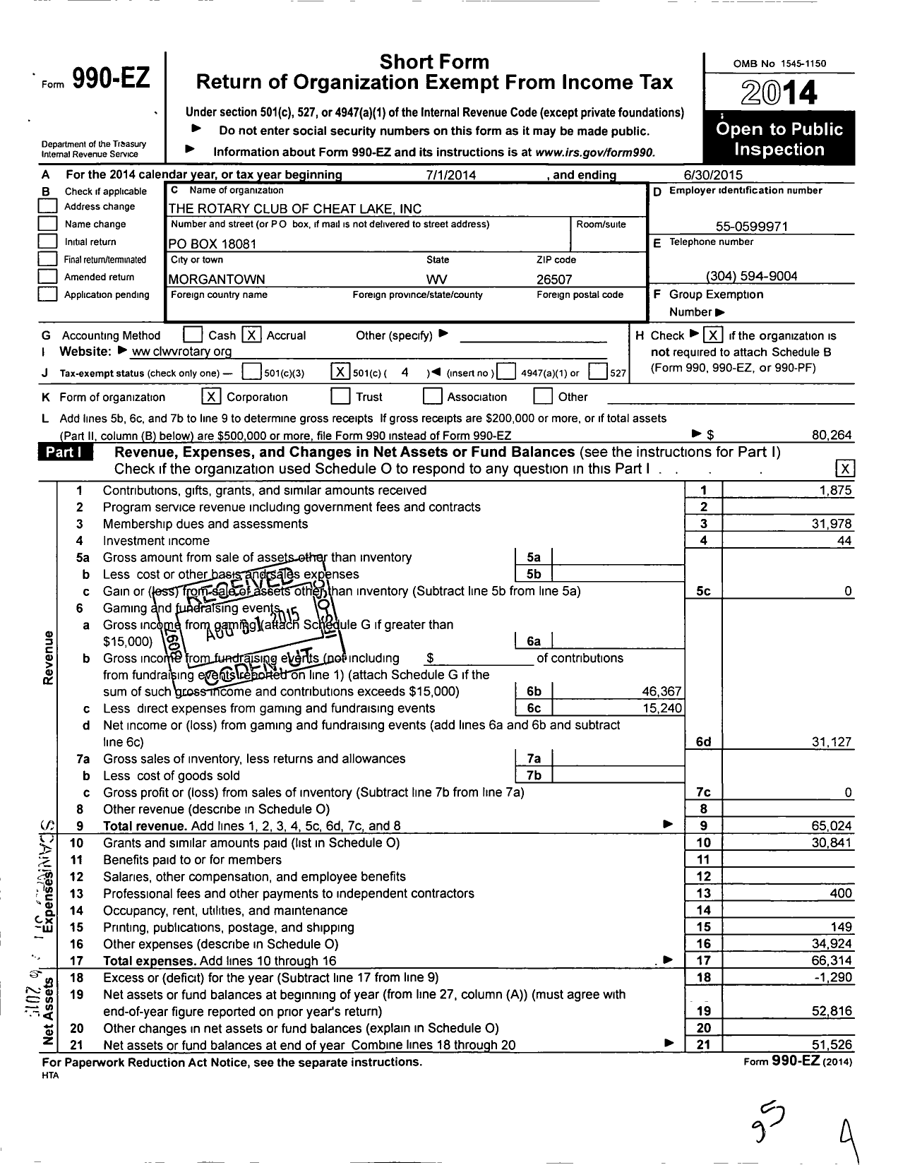 Image of first page of 2014 Form 990EO for The Rotary Club of Cheat Lake