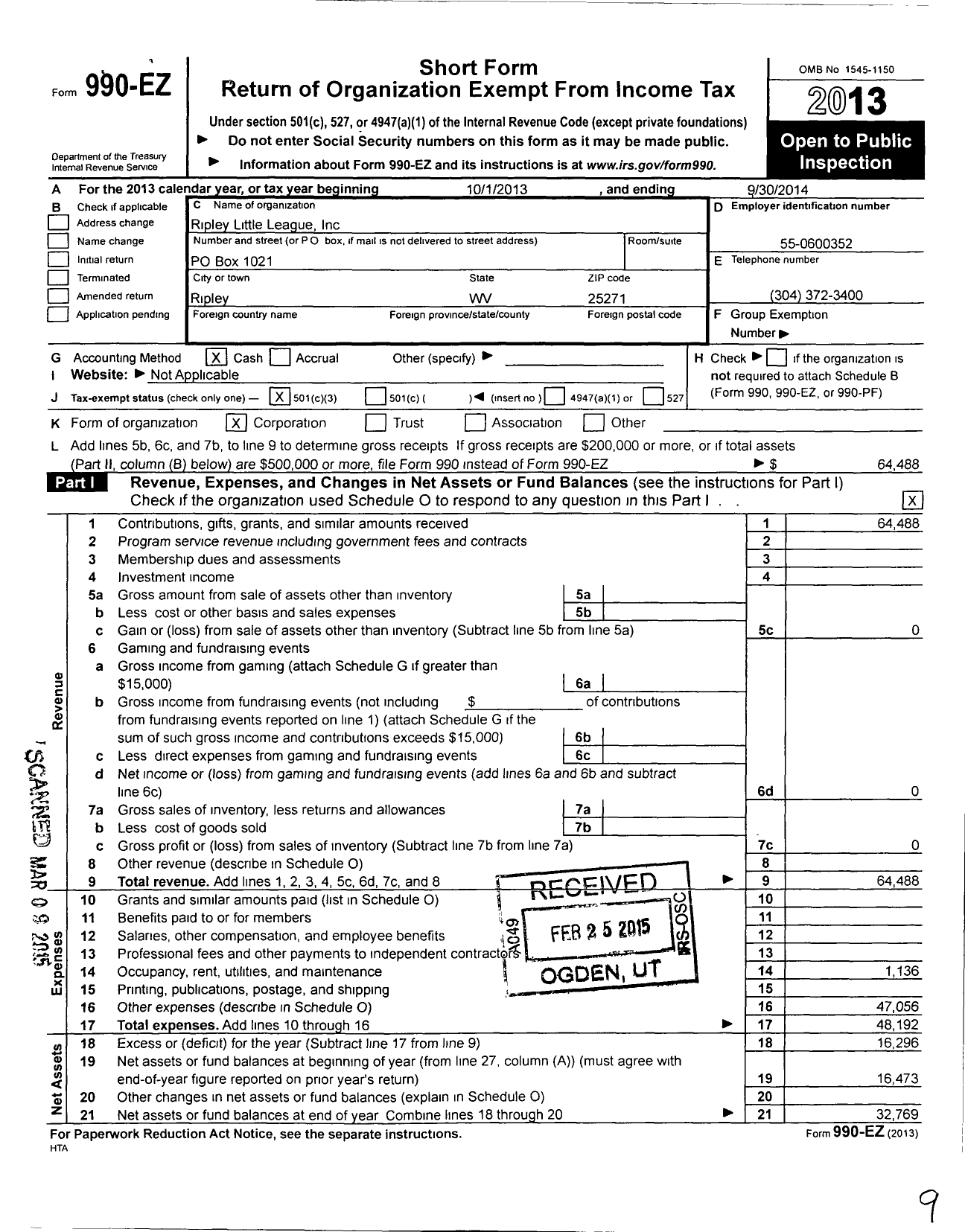 Image of first page of 2013 Form 990EZ for LIttle League Baseball - 3480327 Ripley LL