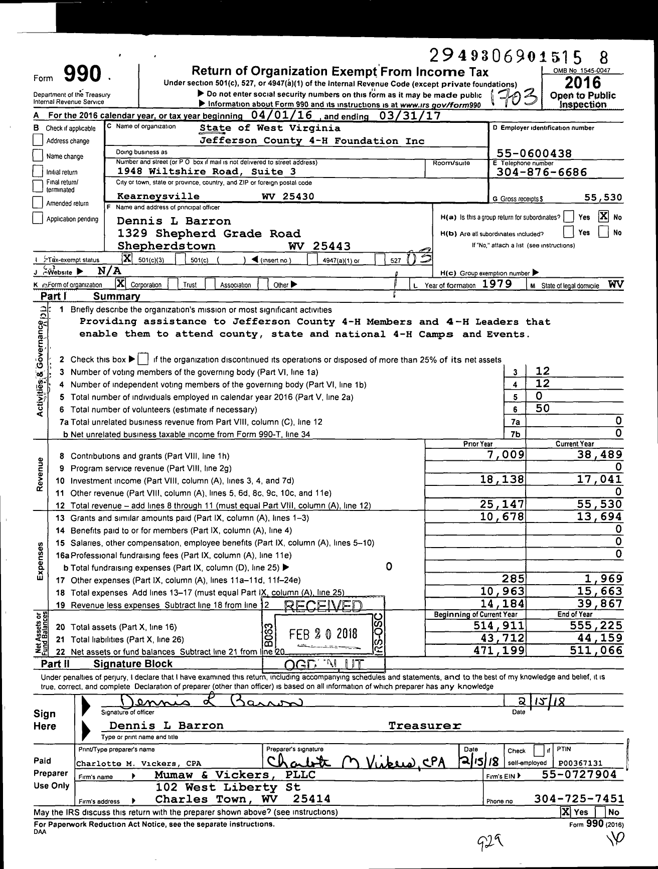 Image of first page of 2016 Form 990 for State of West Virginia-Wvu Jefferson County 4-H Foundation