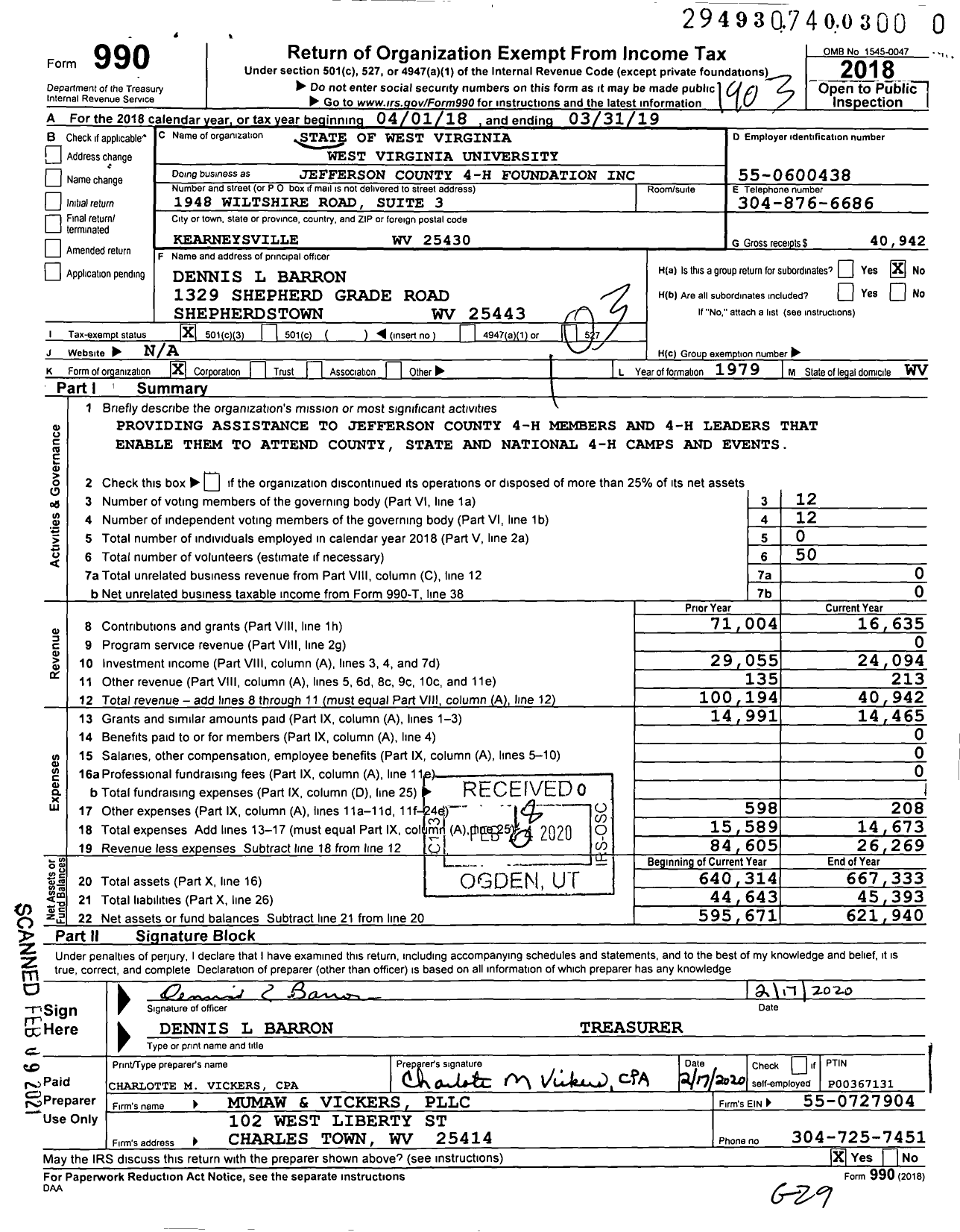 Image of first page of 2018 Form 990 for State of West Virginia-Wvu Jefferson County 4-H Foundation
