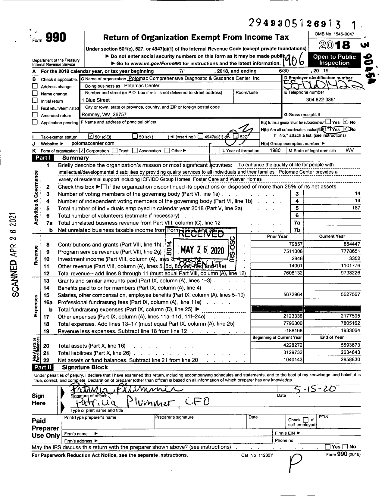 Image of first page of 2018 Form 990 for Potomac Comprehensive Diagnostic & Guidance Center Inc Potomac Center