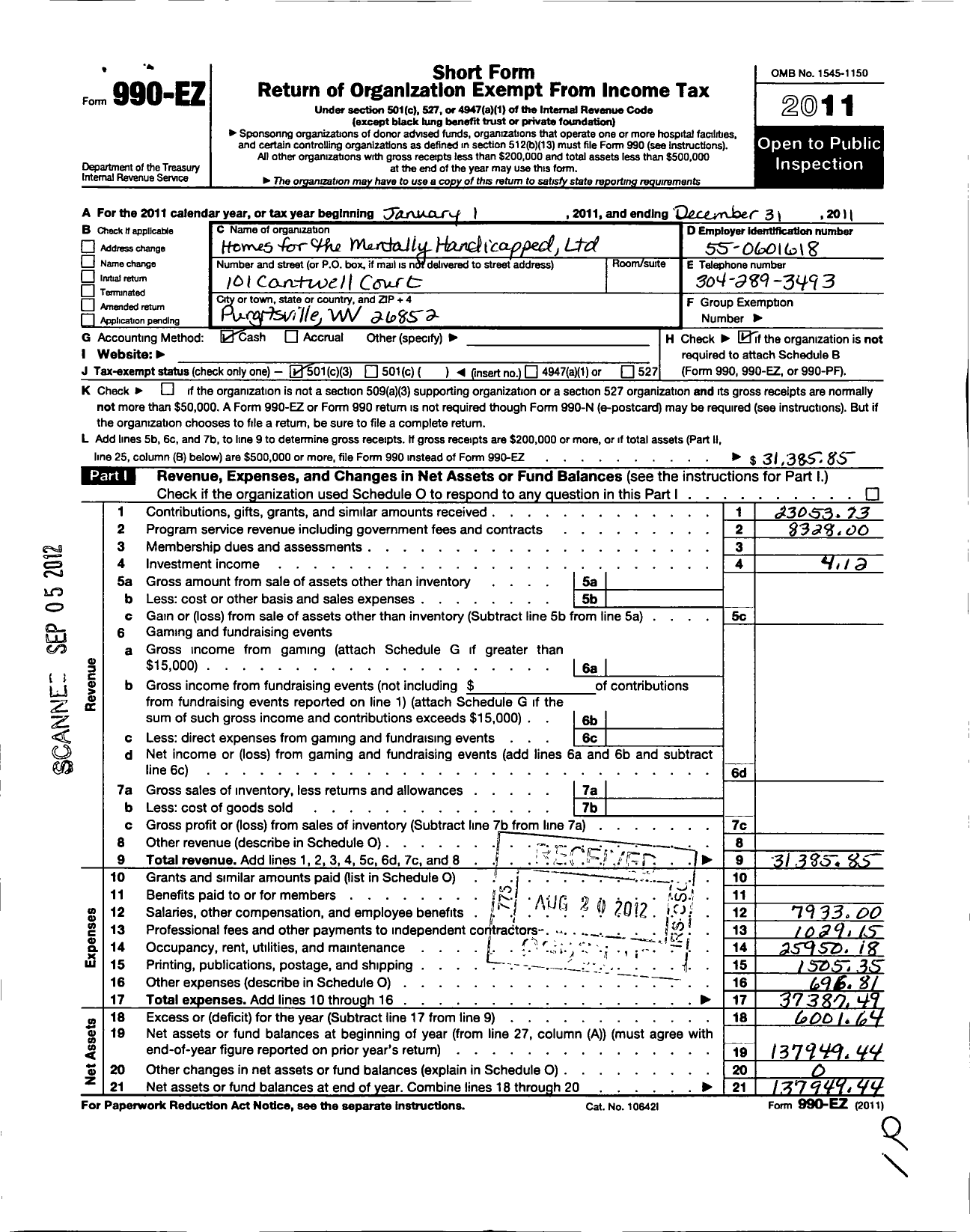 Image of first page of 2011 Form 990EZ for Homes for the Mentally Handicapped