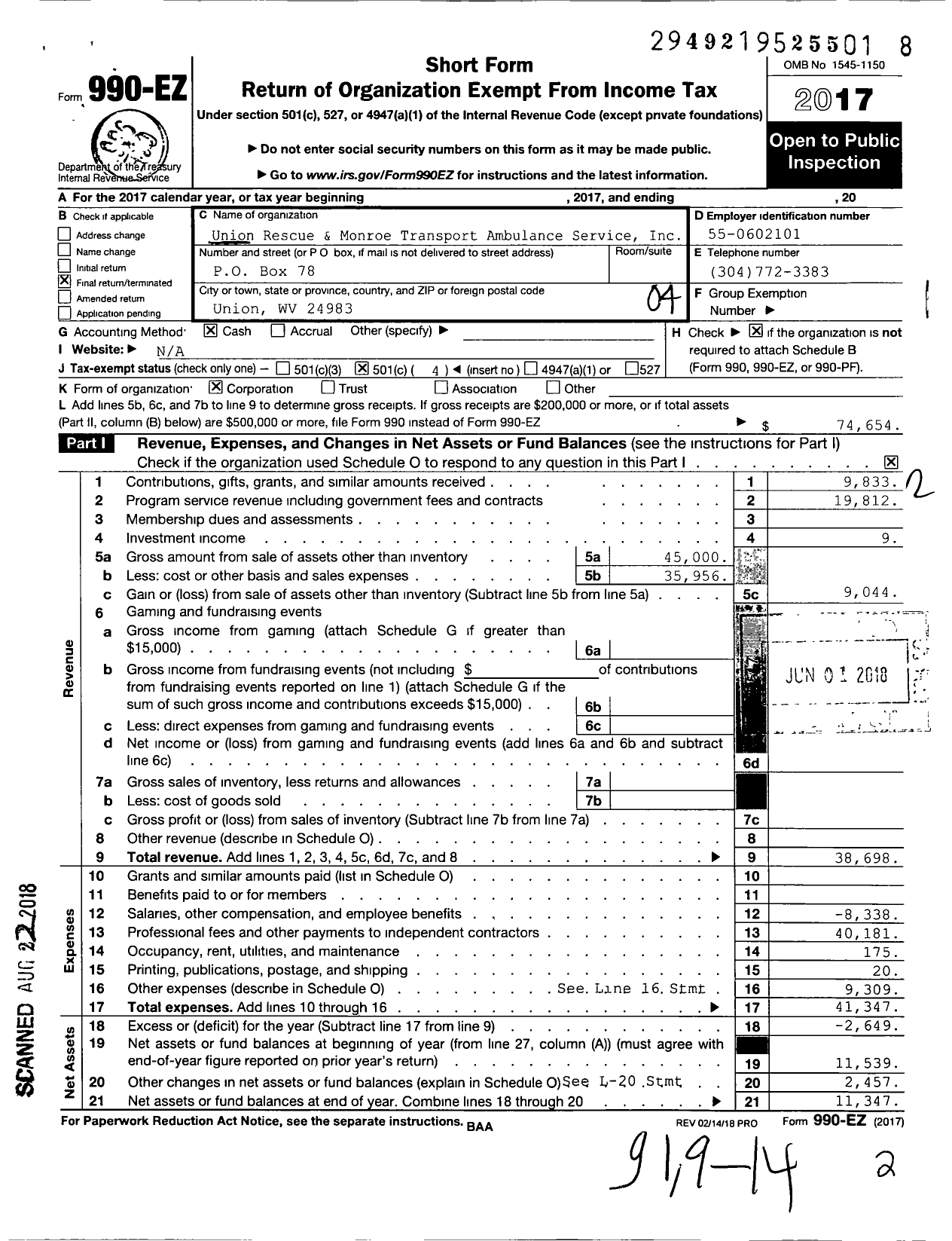 Image of first page of 2017 Form 990EO for Union Rescue and Monroe Transport Ambulance Service