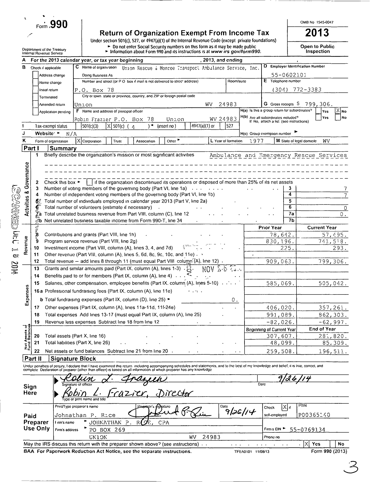 Image of first page of 2013 Form 990O for Union Rescue and Monroe Transport Ambulance Service
