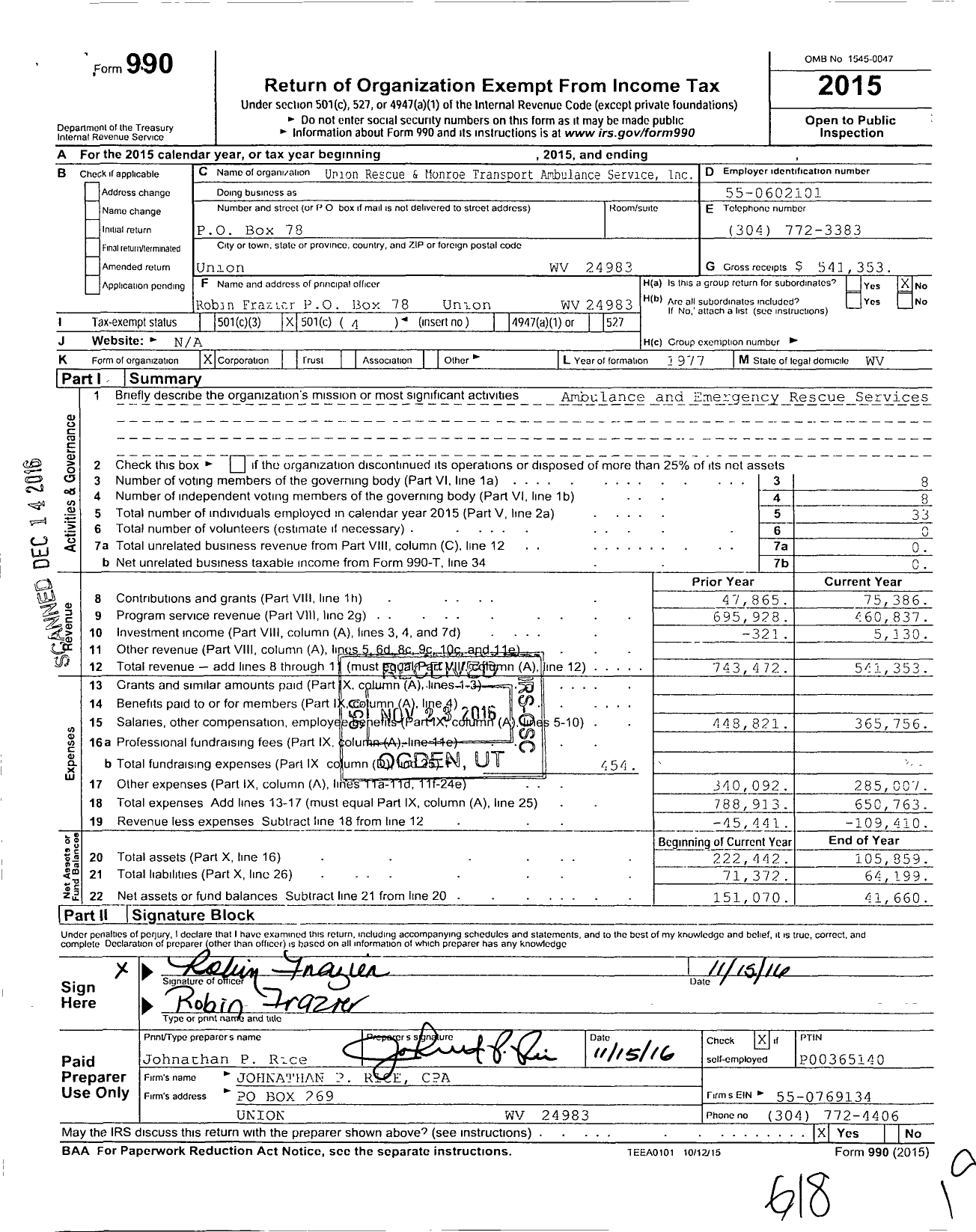 Image of first page of 2015 Form 990O for Union Rescue and Monroe Transport Ambulance Service