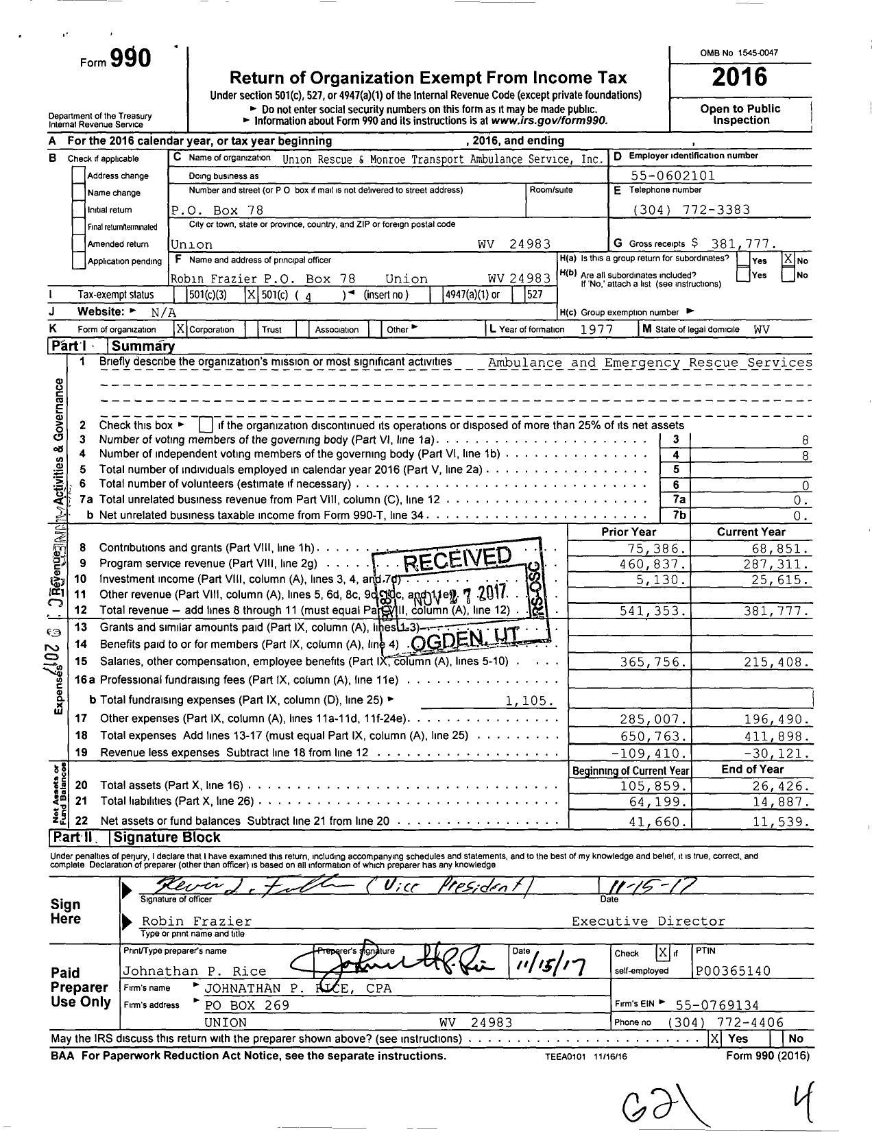Image of first page of 2016 Form 990O for Union Rescue and Monroe Transport Ambulance Service