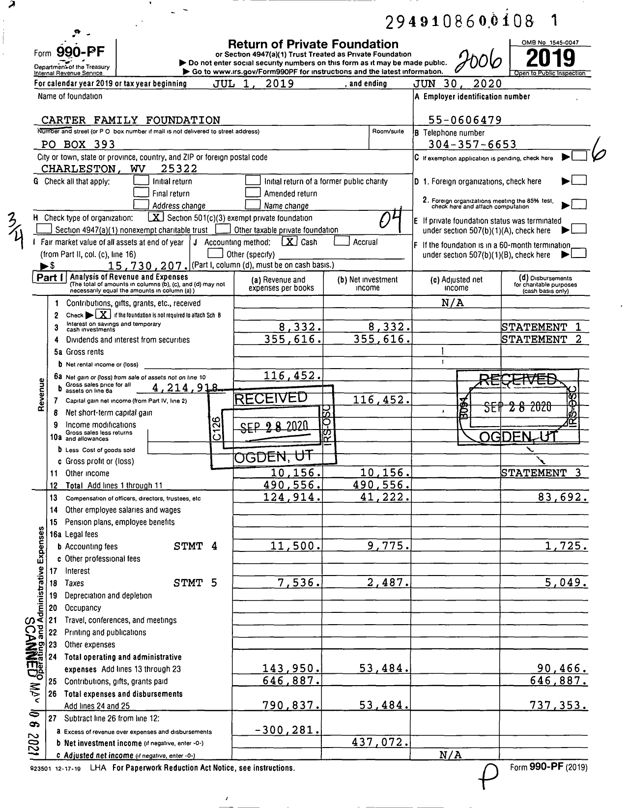 Image of first page of 2019 Form 990PF for Carter Family Foundation