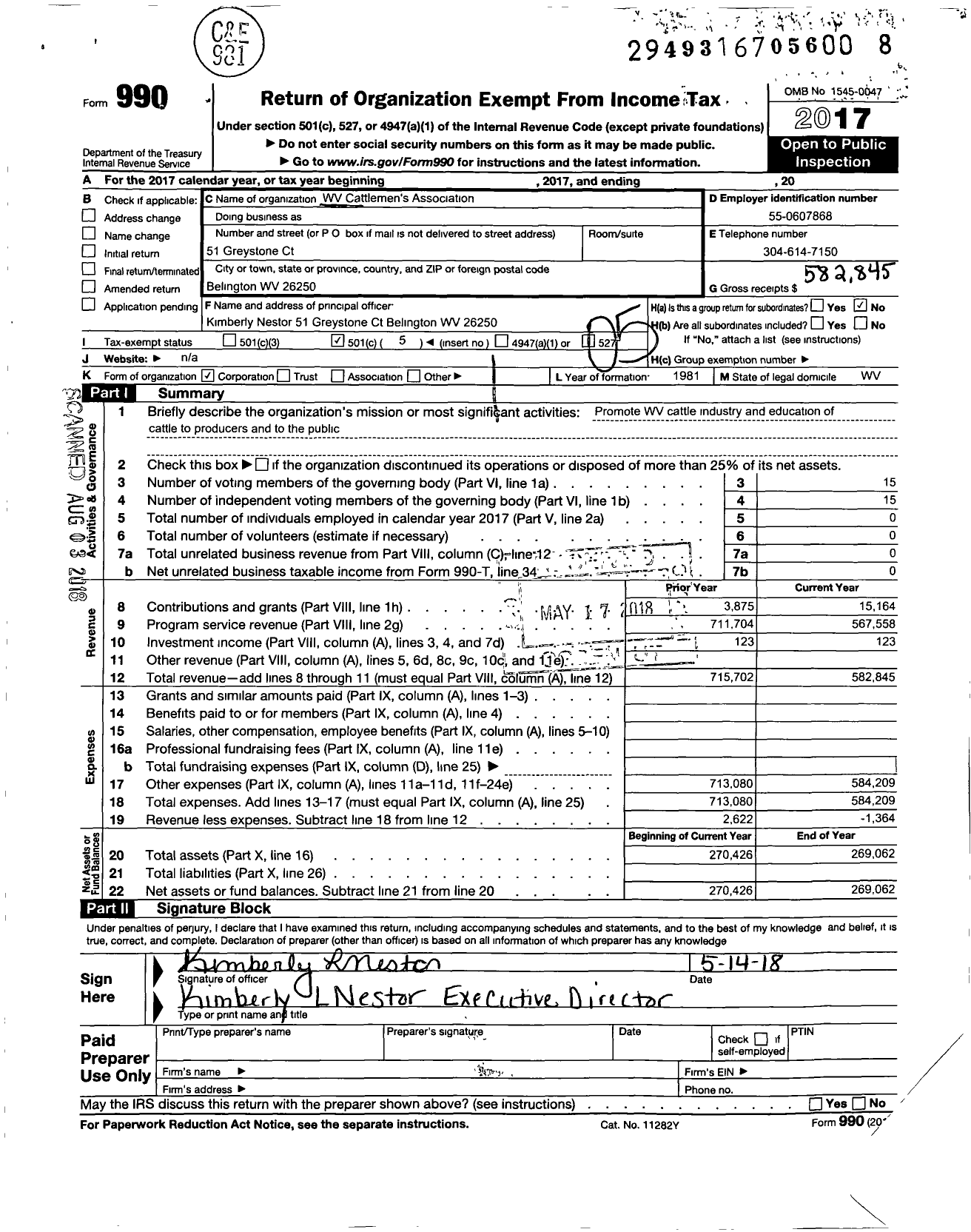 Image of first page of 2017 Form 990O for West Virginia Cattlemens Association