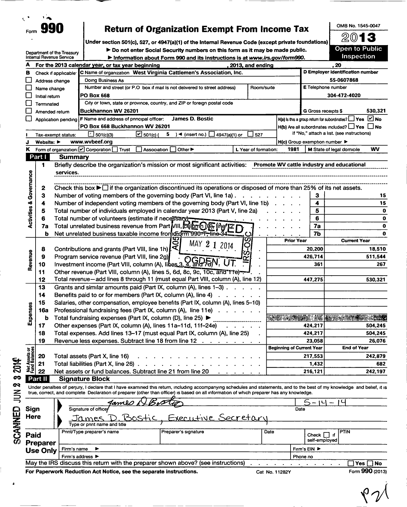 Image of first page of 2013 Form 990O for West Virginia Cattlemens Association