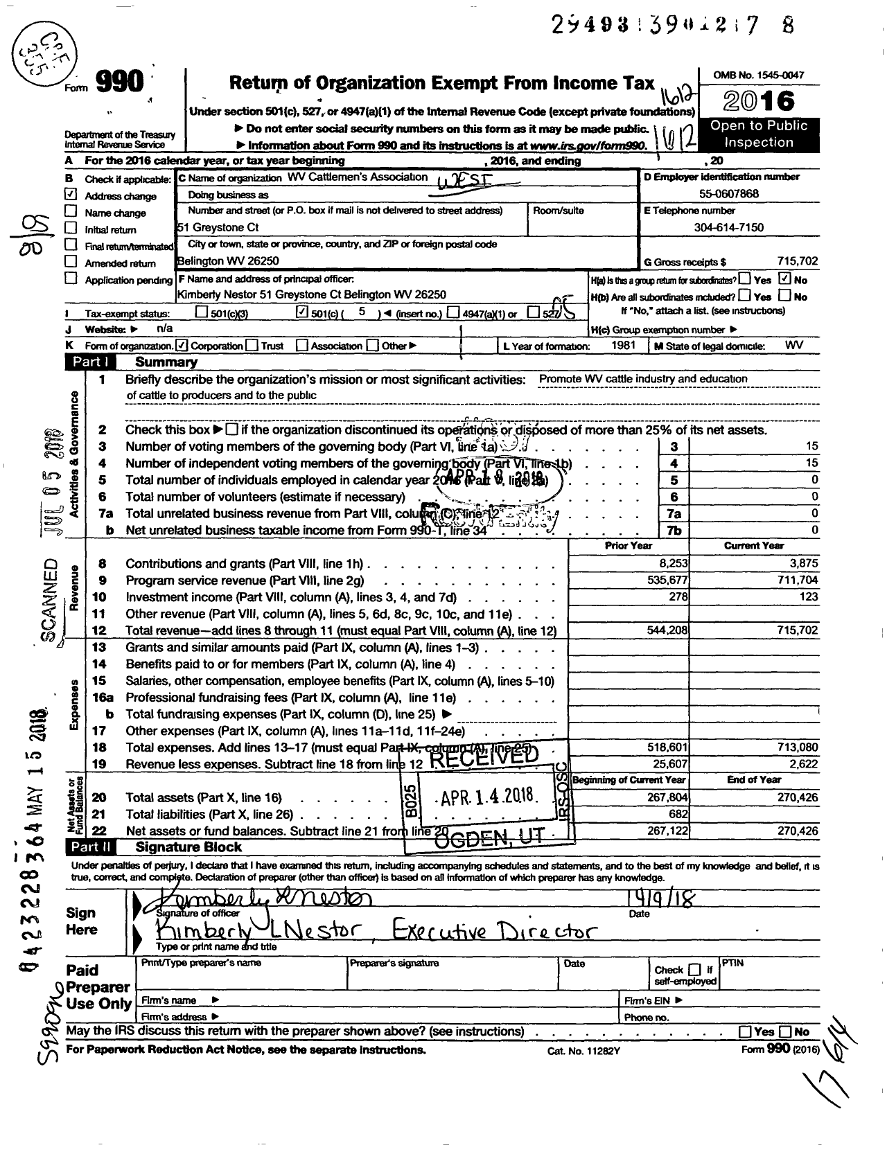 Image of first page of 2016 Form 990O for West Virginia Cattlemens Association