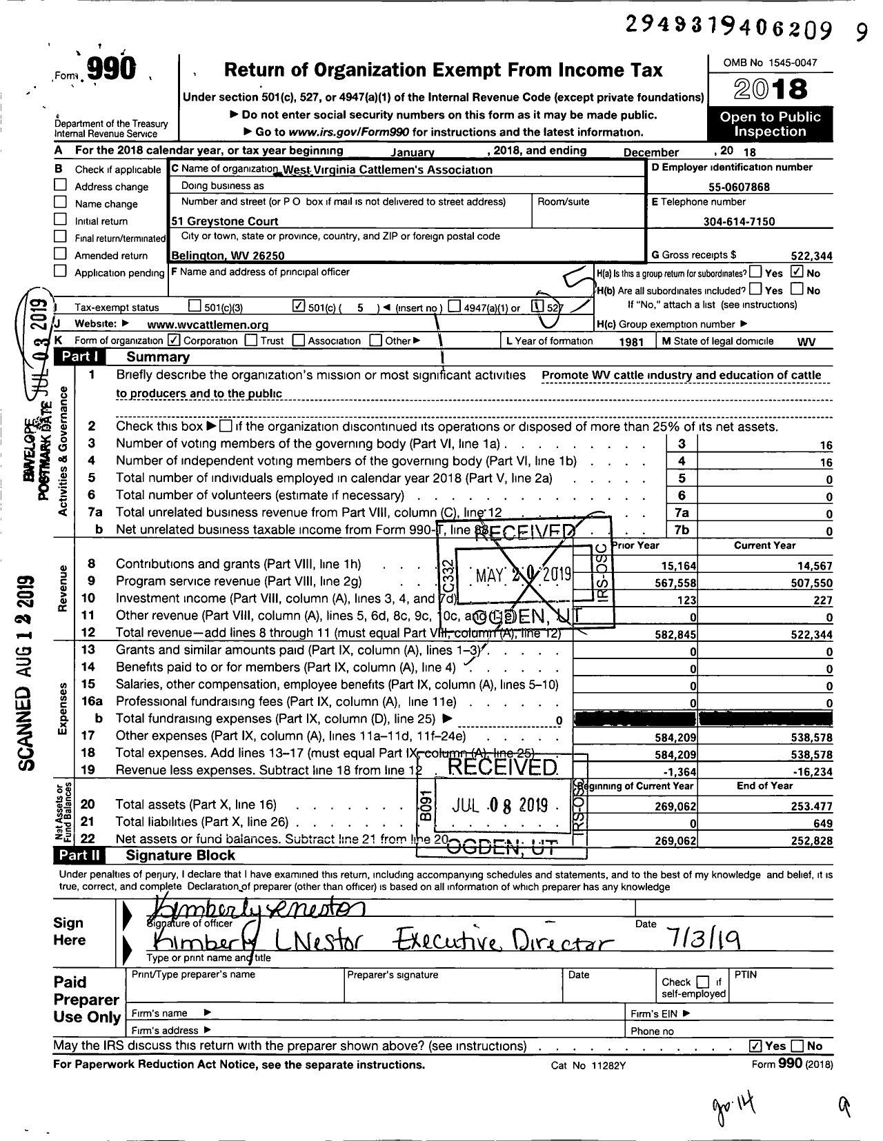 Image of first page of 2018 Form 990O for West Virginia Cattlemens Association