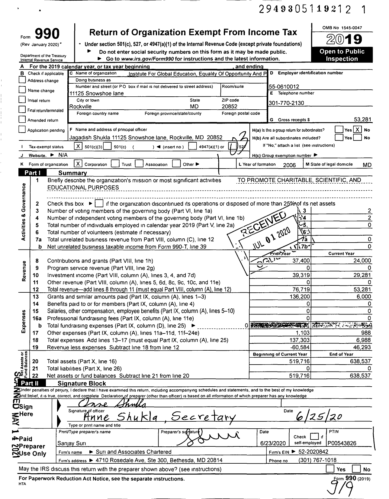 Image of first page of 2019 Form 990 for Institute For Global Education Equality Of Opportunity And Prosperity