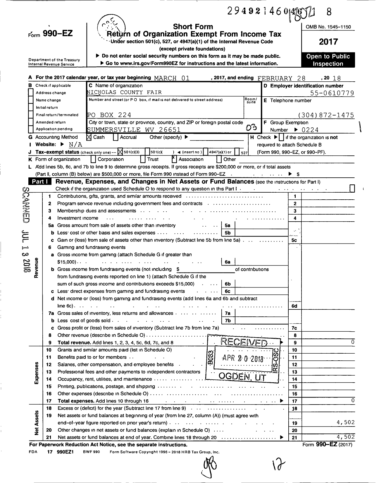 Image of first page of 2017 Form 990EZ for Nicholas County Fair