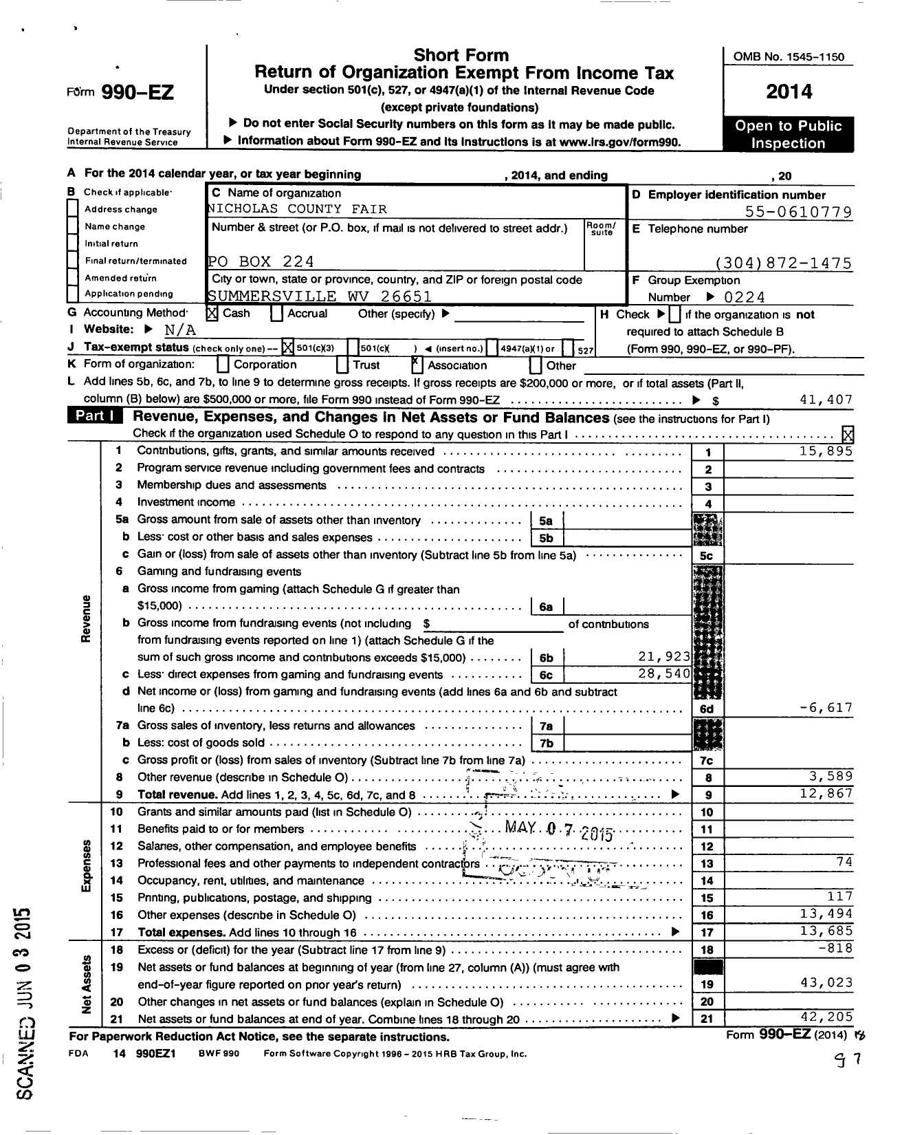 Image of first page of 2014 Form 990EZ for Nicholas County Fair