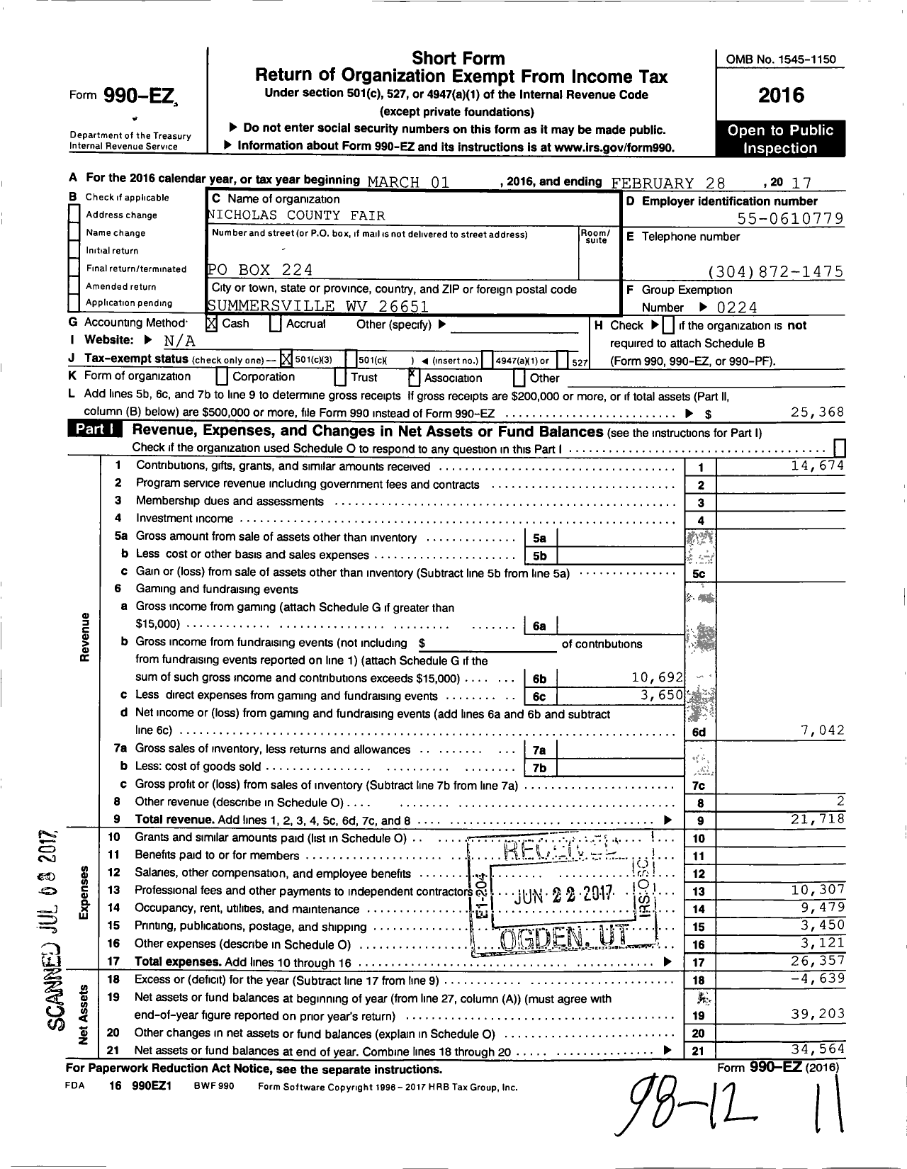 Image of first page of 2016 Form 990EZ for Nicholas County Fair