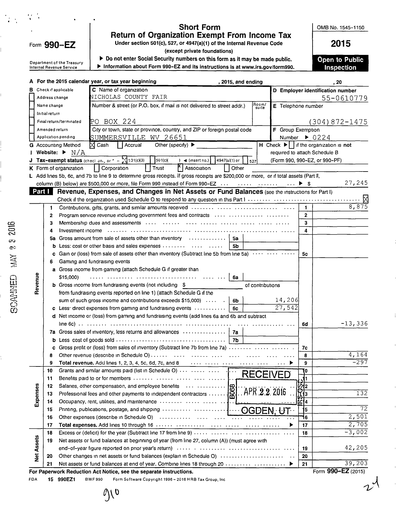 Image of first page of 2015 Form 990EZ for Nicholas County Fair