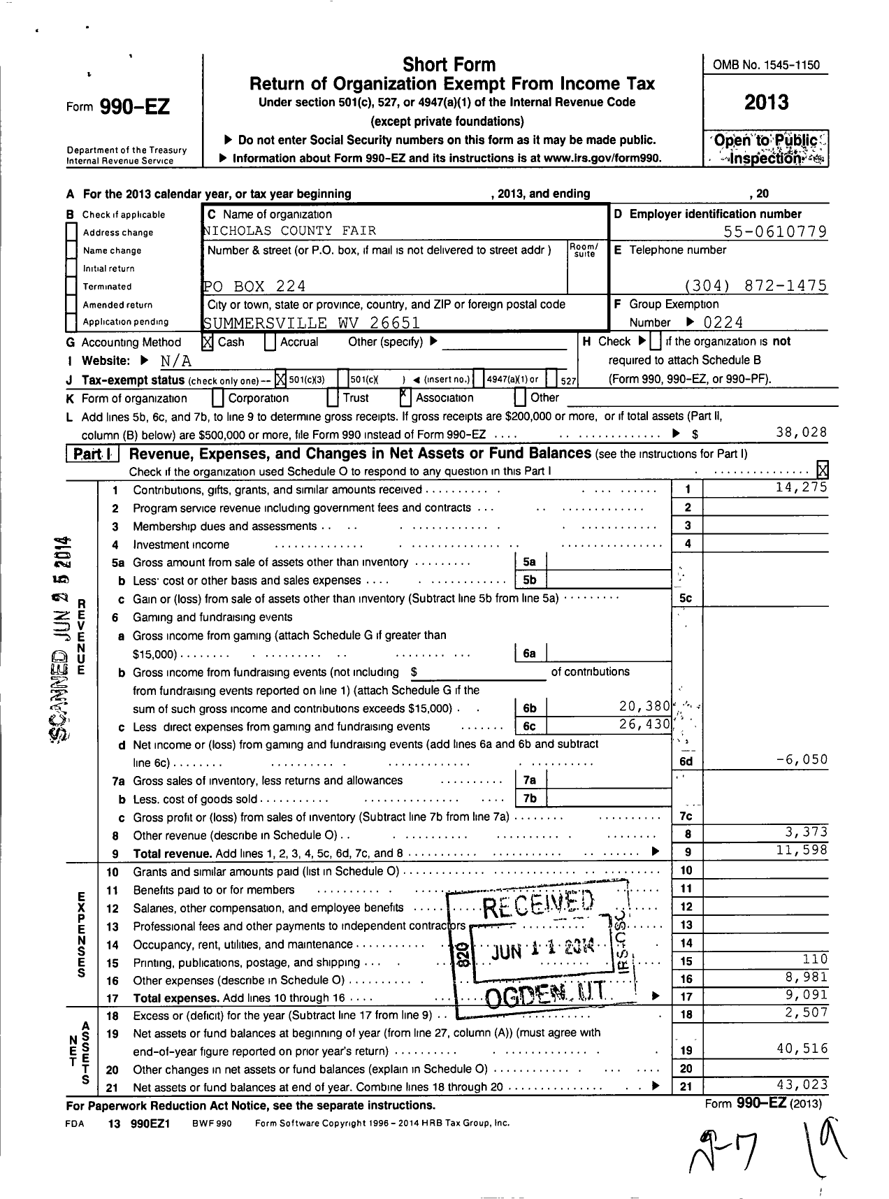 Image of first page of 2013 Form 990EZ for Nicholas County Fair