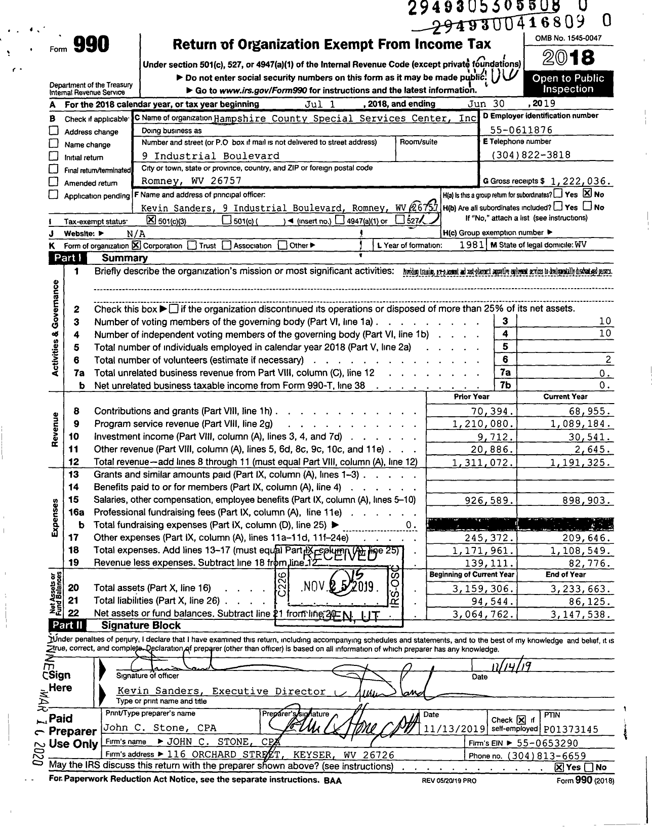 Image of first page of 2018 Form 990 for Hampshire County Special Services Center