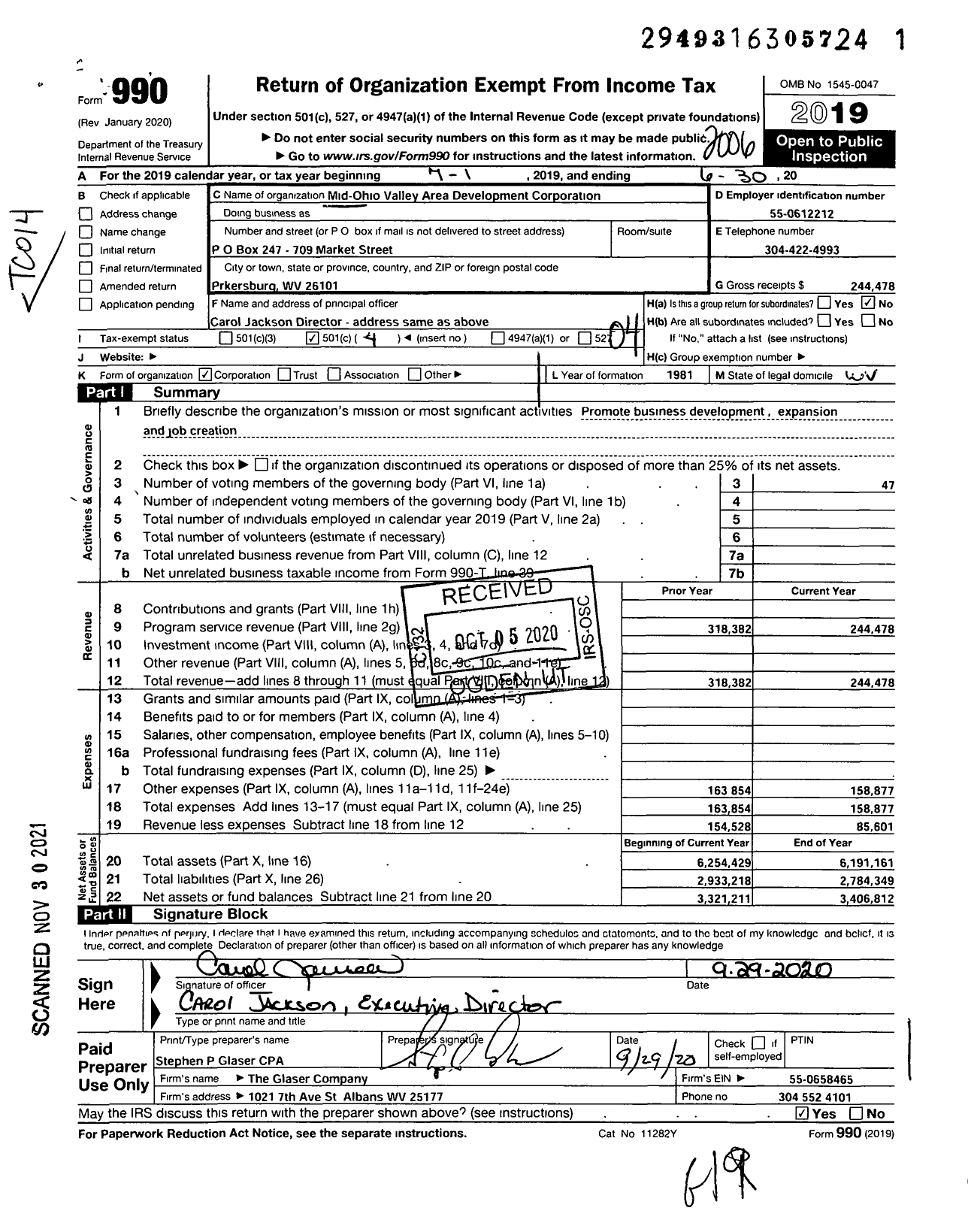 Image of first page of 2019 Form 990O for Mid-Ohio Valley Regional Area Development Corporation