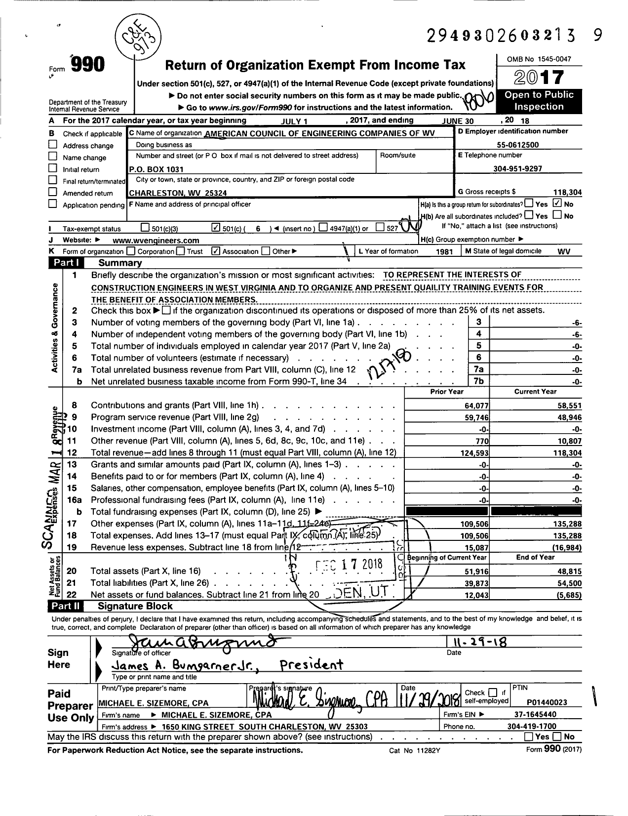 Image of first page of 2017 Form 990O for American Council of Engineering Companies of West Virginia