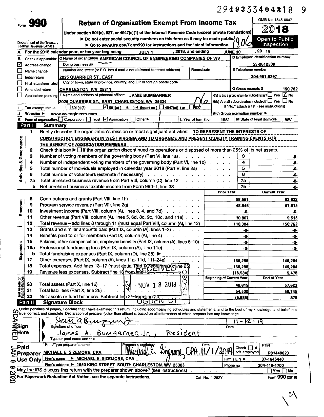 Image of first page of 2018 Form 990O for American Council of Engineering Companies of West Virginia