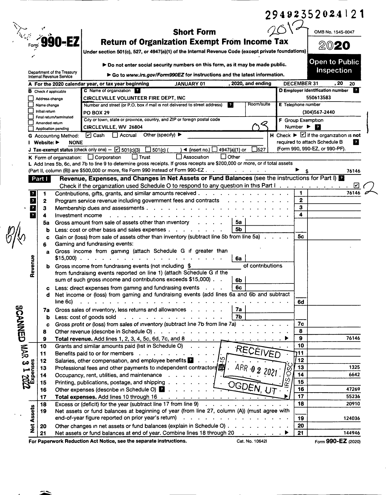 Image of first page of 2020 Form 990EZ for Circleville Volunteer Fire Dept