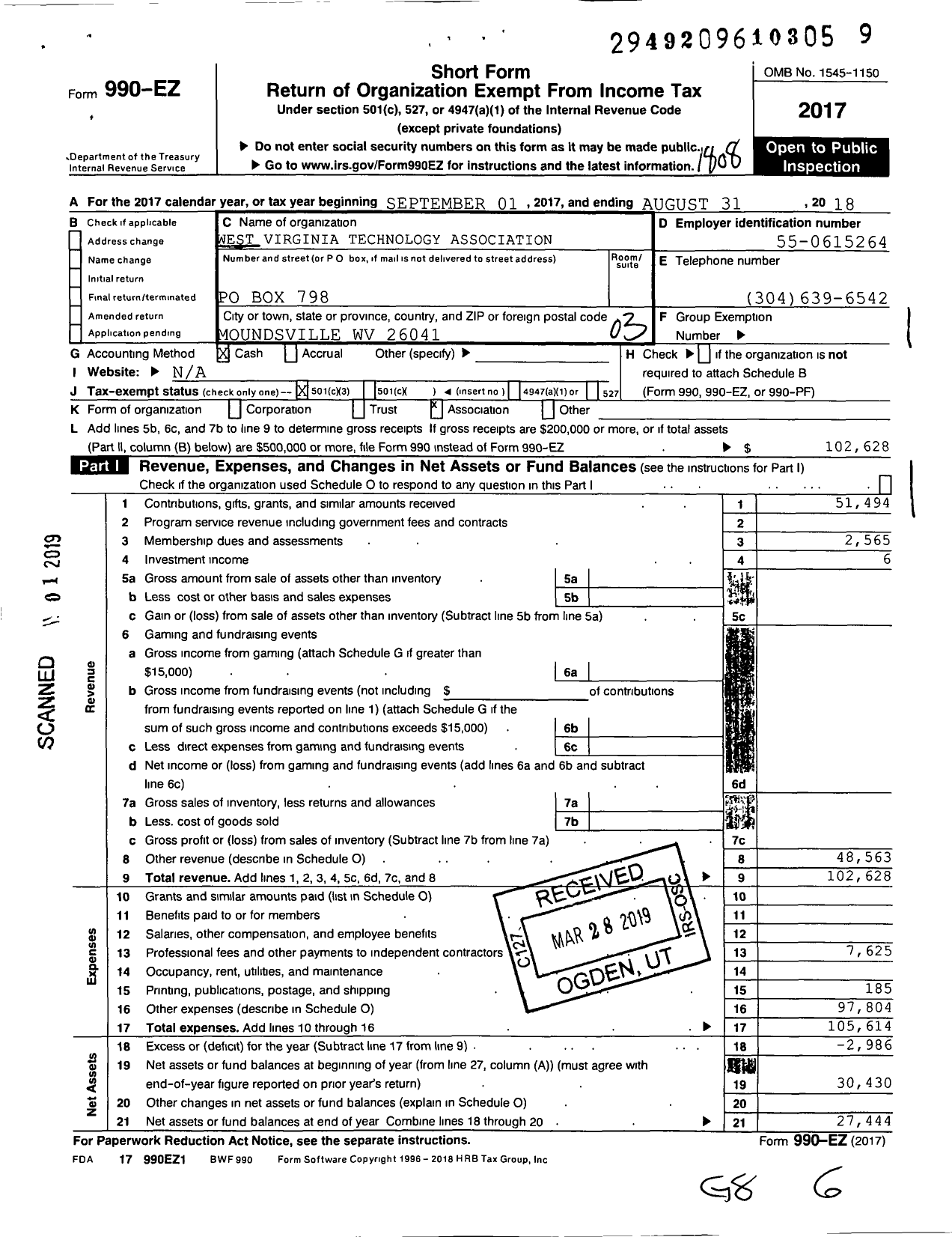 Image of first page of 2017 Form 990EZ for West Virginia Technology Association