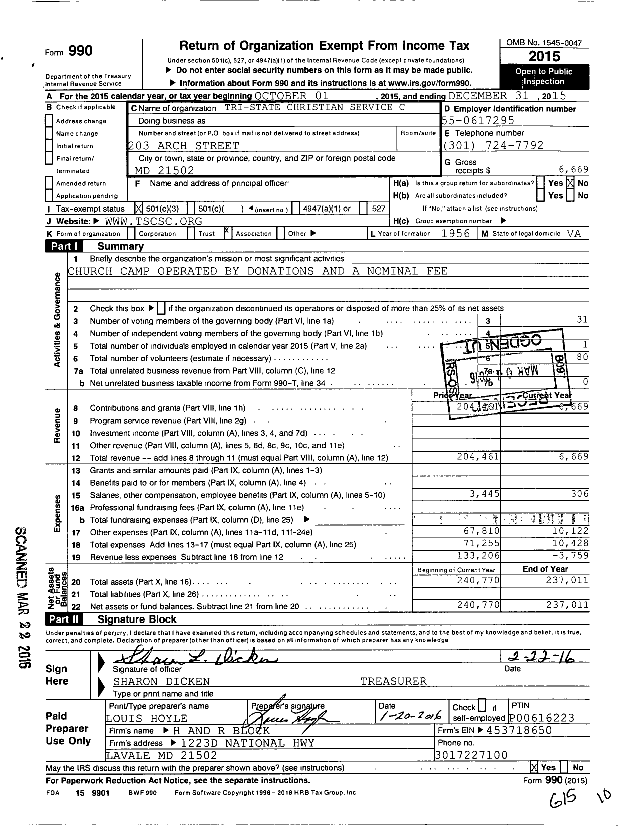 Image of first page of 2015 Form 990 for Cedar Creek Christian Camp