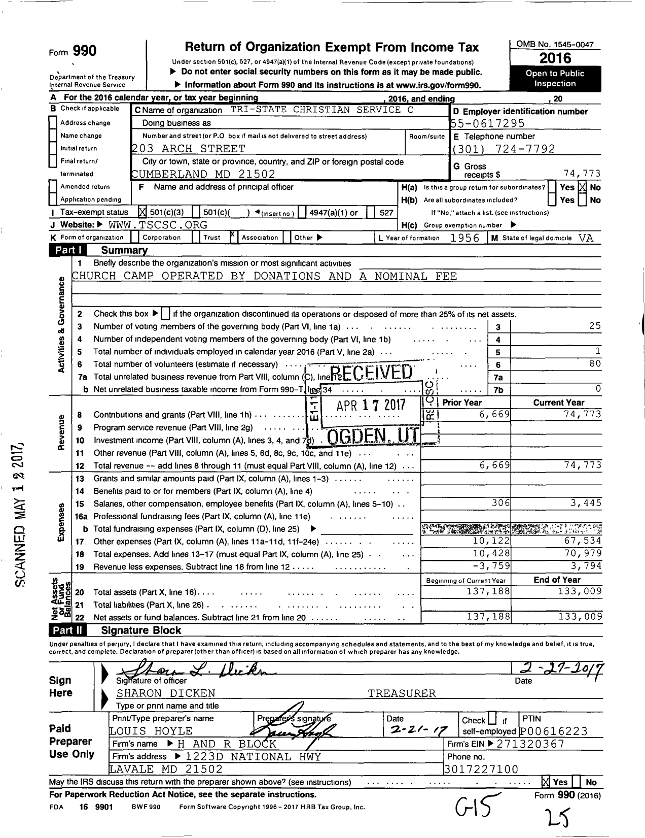 Image of first page of 2016 Form 990 for Cedar Creek Christian Camp