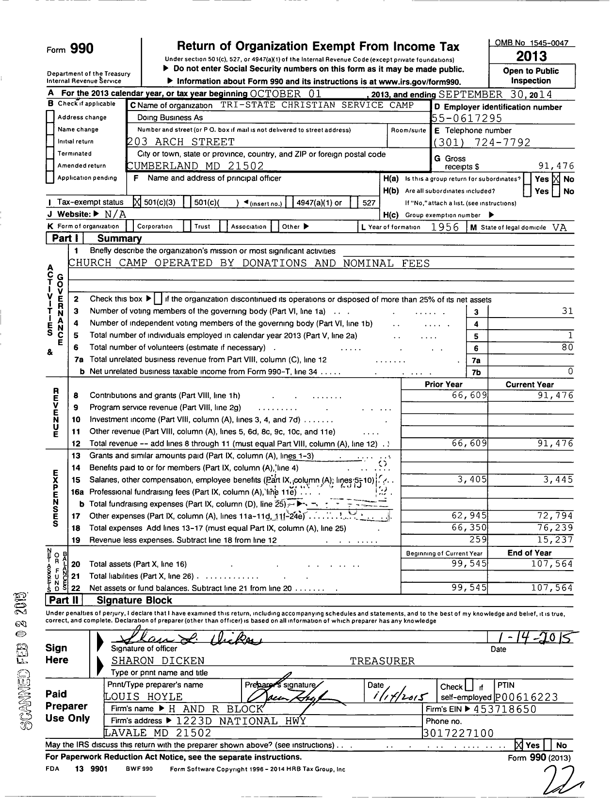 Image of first page of 2013 Form 990 for Cedar Creek Christian Camp