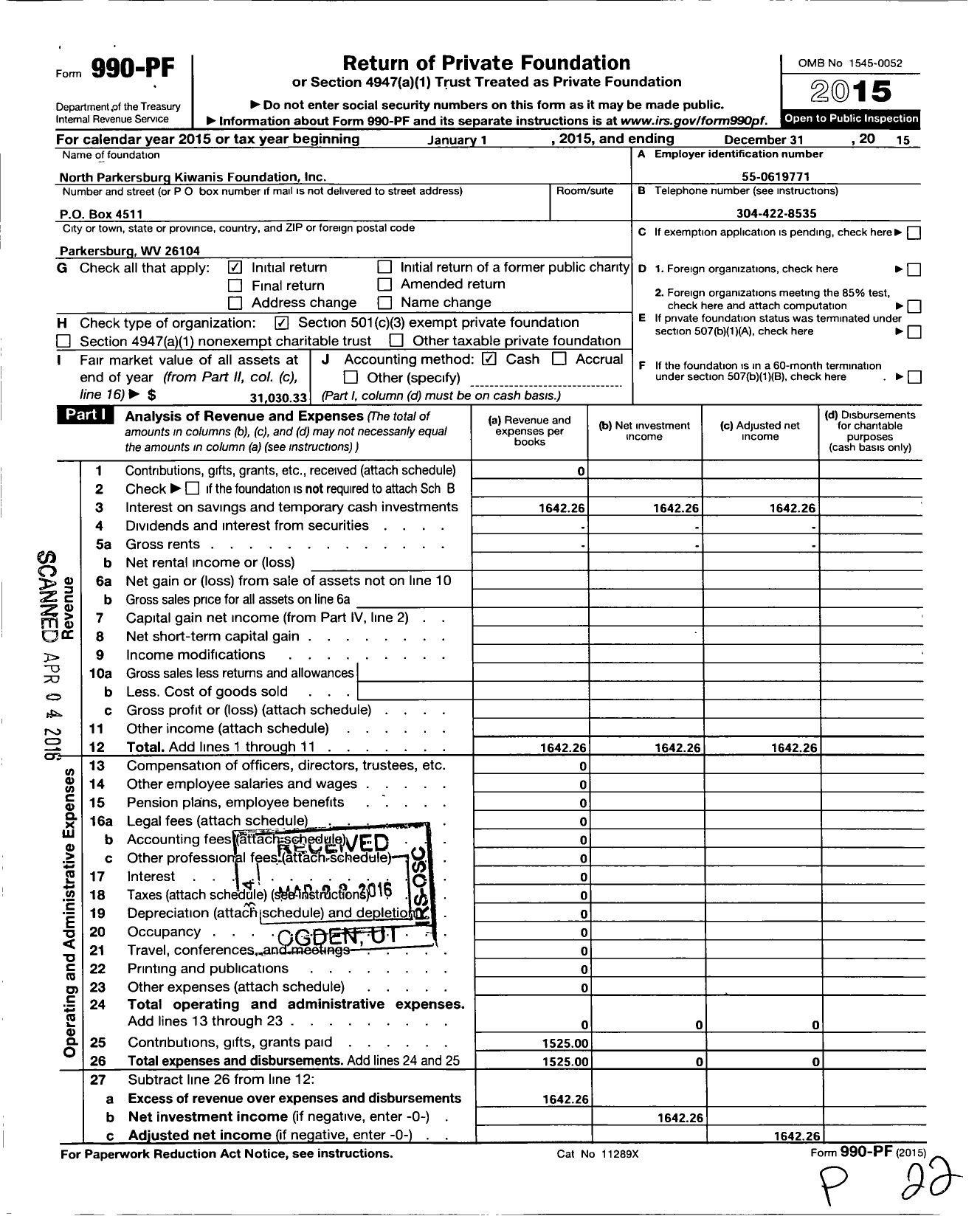 Image of first page of 2015 Form 990PF for North Parkersburg Kiwanis Foundation