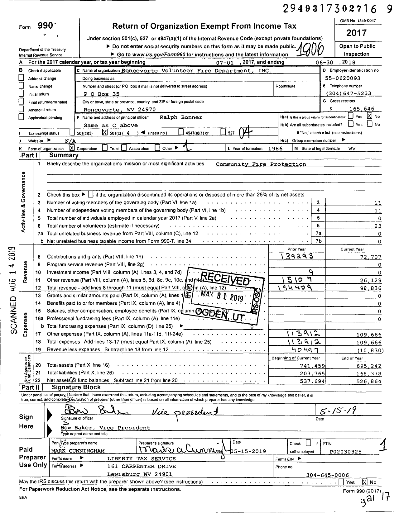 Image of first page of 2017 Form 990O for Ronceverte Volunteer Fire Department